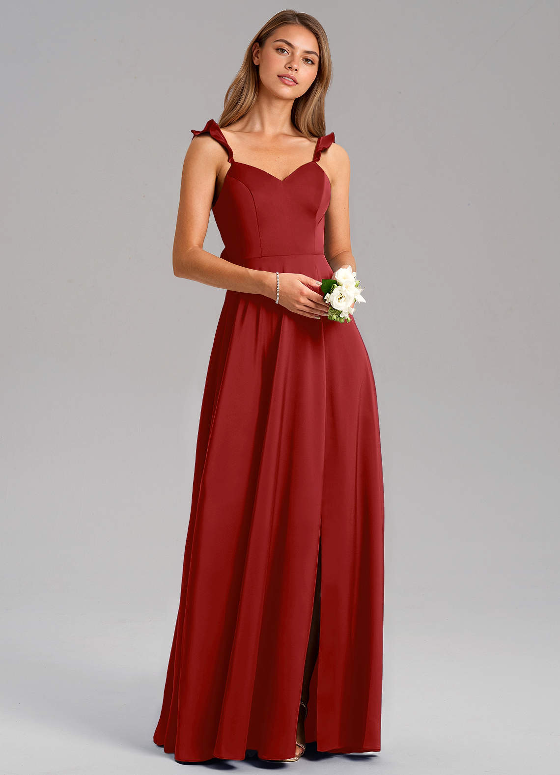 Azazie Everett Bridesmaid Dresses Pomegranate A-Line Stretch Satin Dress image1