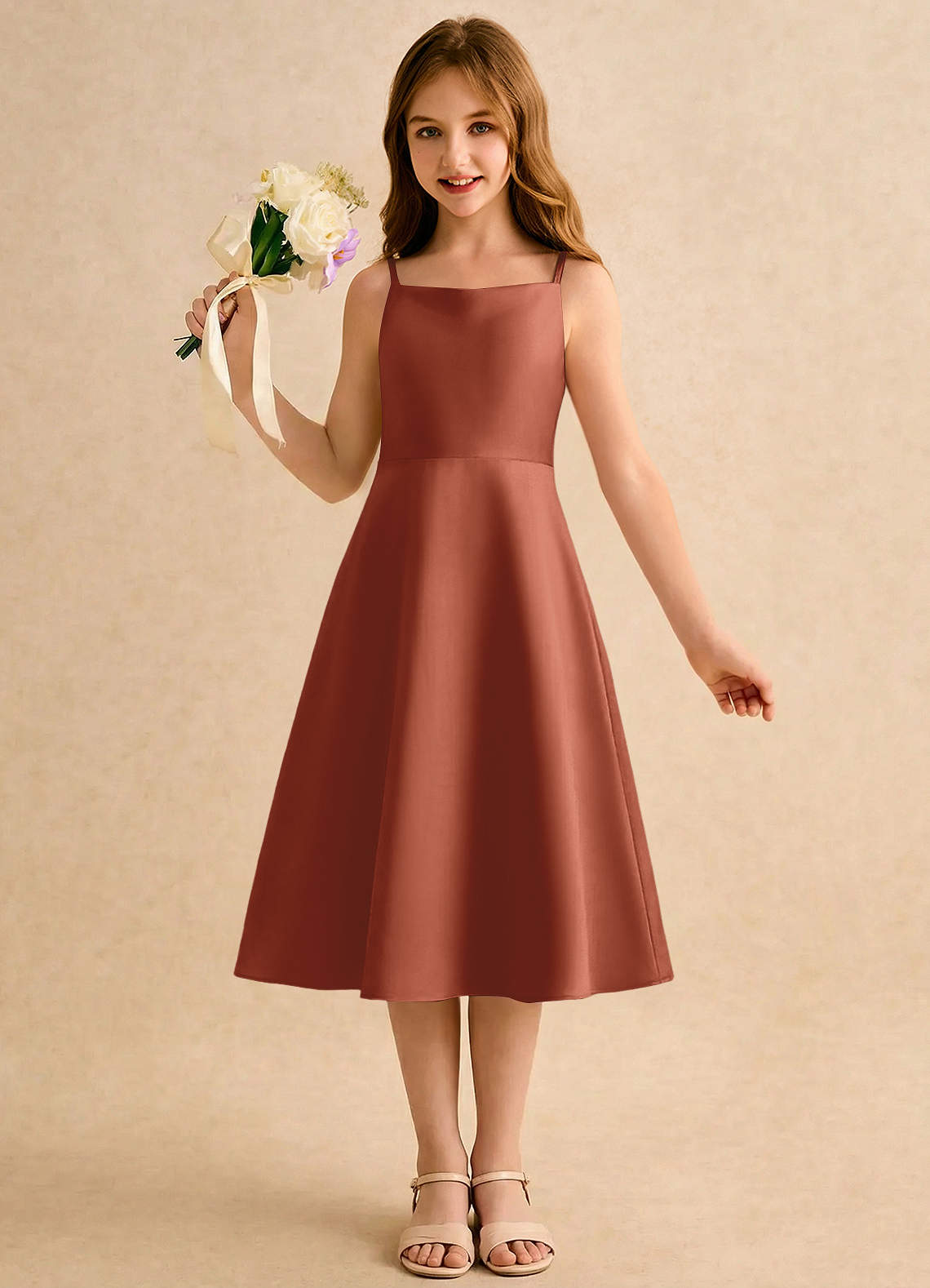 Azazie Jaella Girls Formal Kukkatyttöjen mekot A-linja Laskostettu Matta satiini Tee-pituus Mekko image3
