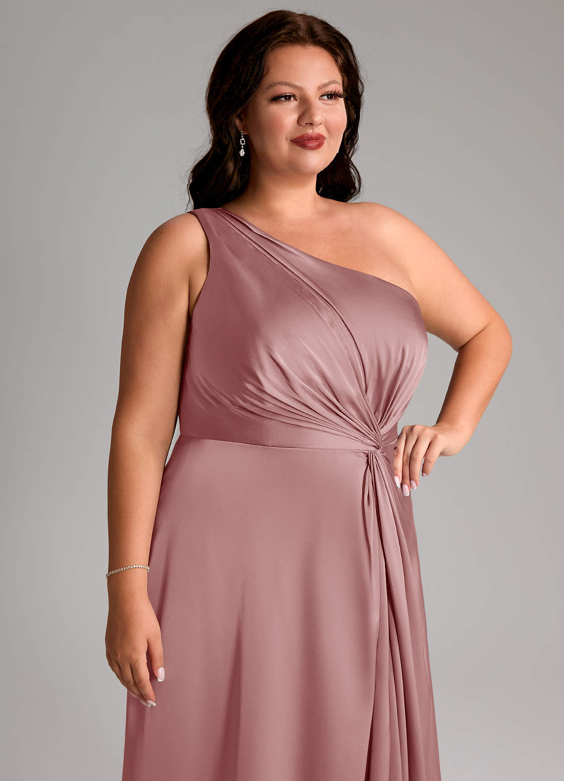 Azazie Brooke Brautjungfernkleider A-Linie One-Shoulder Stretch-Satin Kleid Altrosa image12