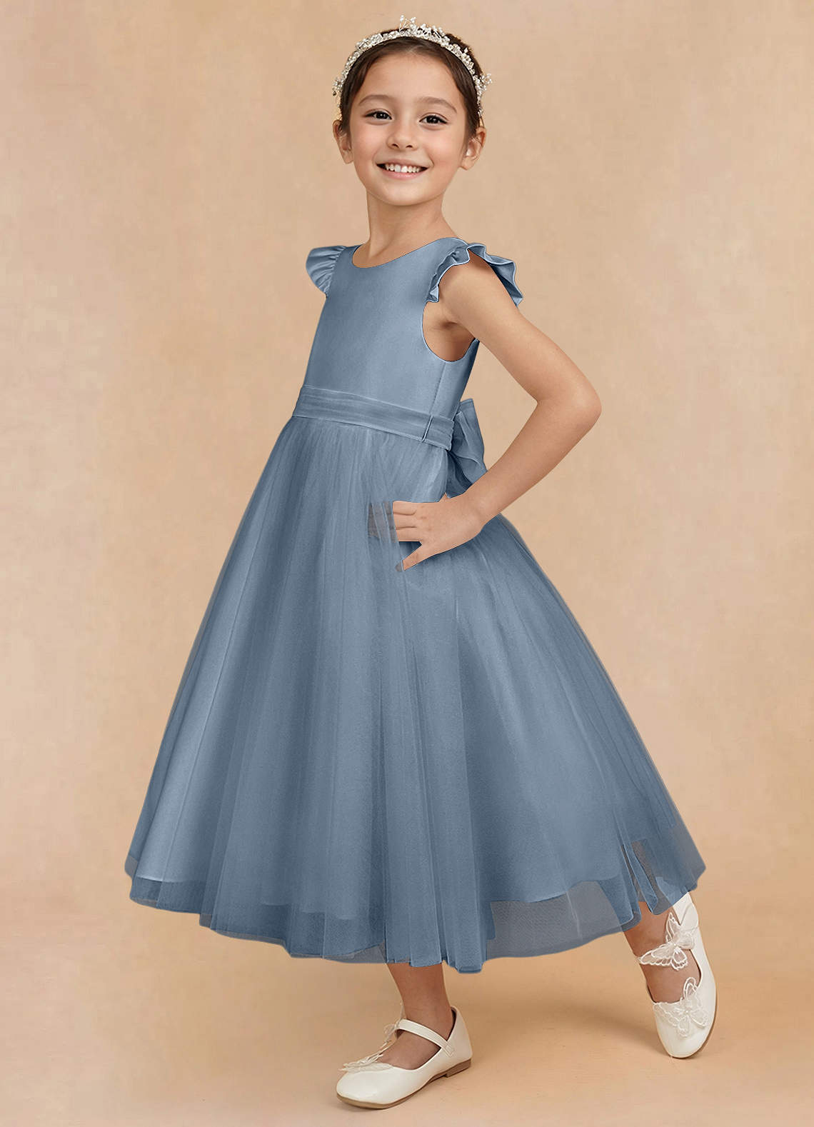 Azazie Hemi Flower Girl Dresses Dusty Blue A-Line Bow Tulle Dress image2