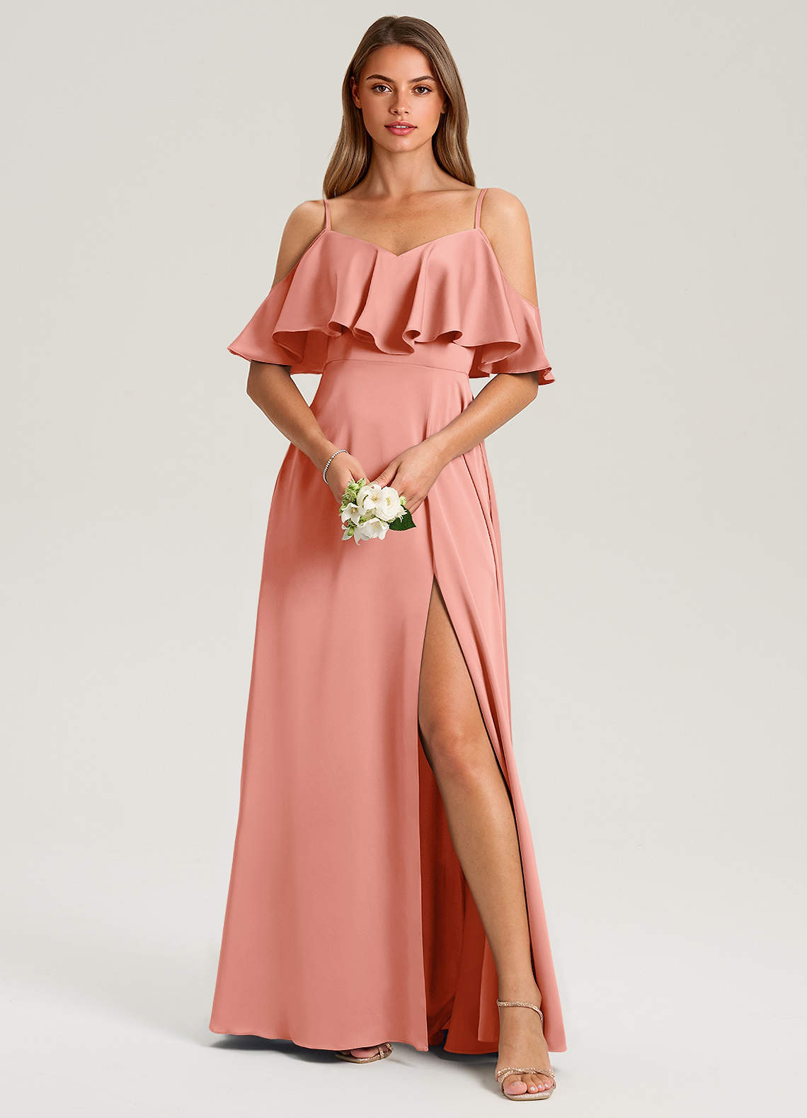 Azazie Jean Bridesmaid Dresses Coral A-Line Off the Shoulder Stretch Satin Dress image1