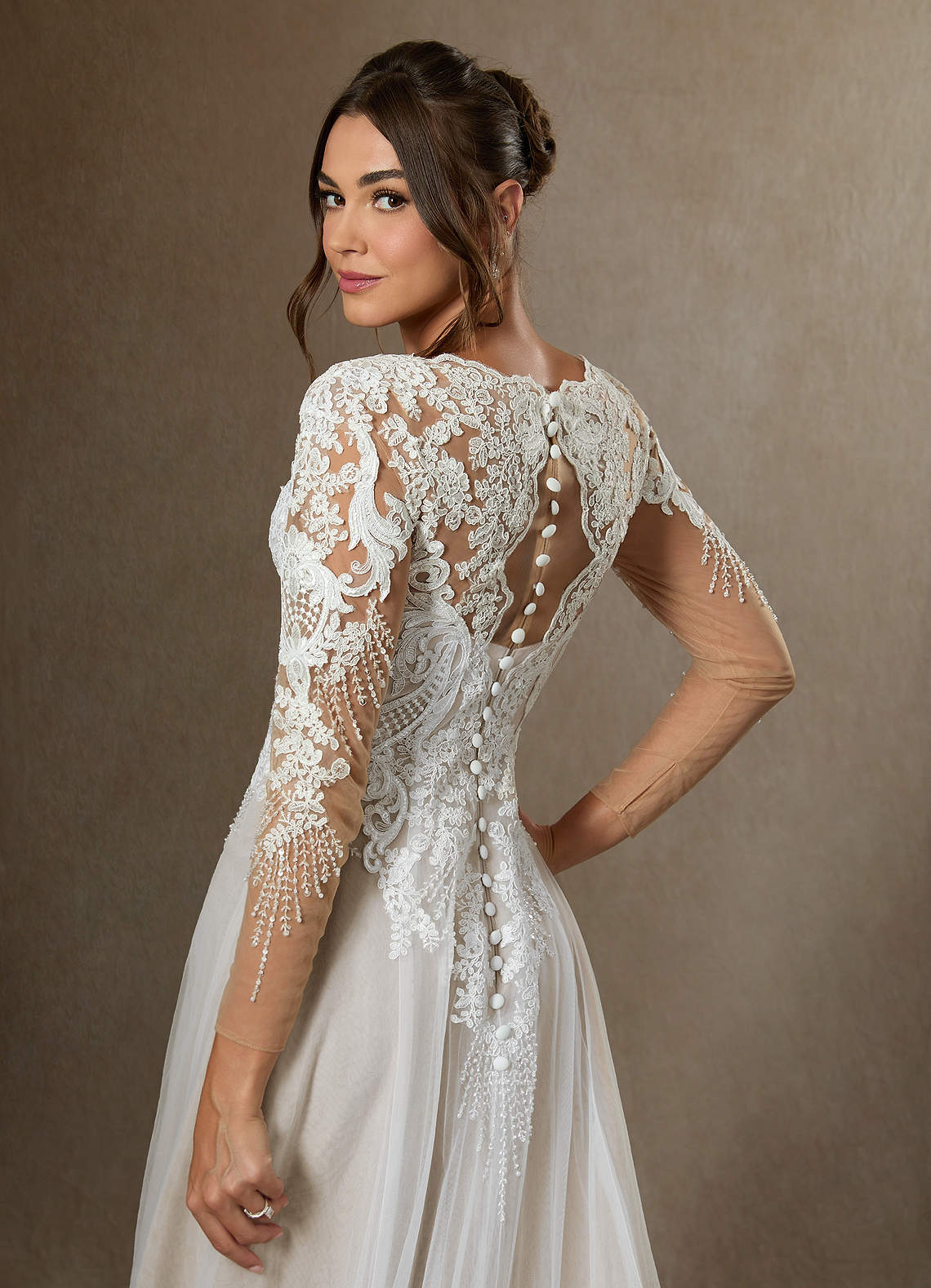 Azazie Essy Wedding Dresses Diamond White A-Line V-Neck Sequins Tulle Dress image9