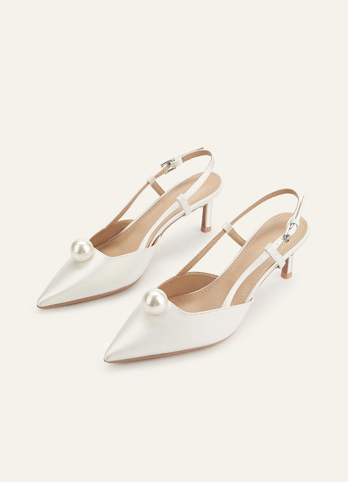 front Satin Pearl Pointed Toe Kitten Heel