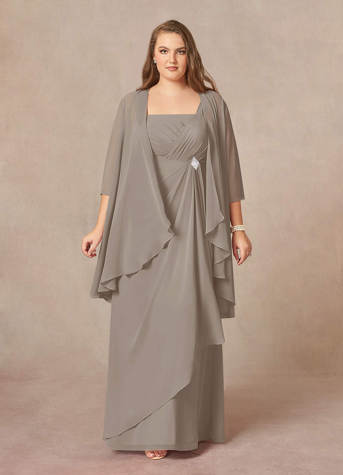 Azazie Weisz Mother of the Bride Dresses Taupe A-Line Square Neckline Pleated Chiffon Dress image1