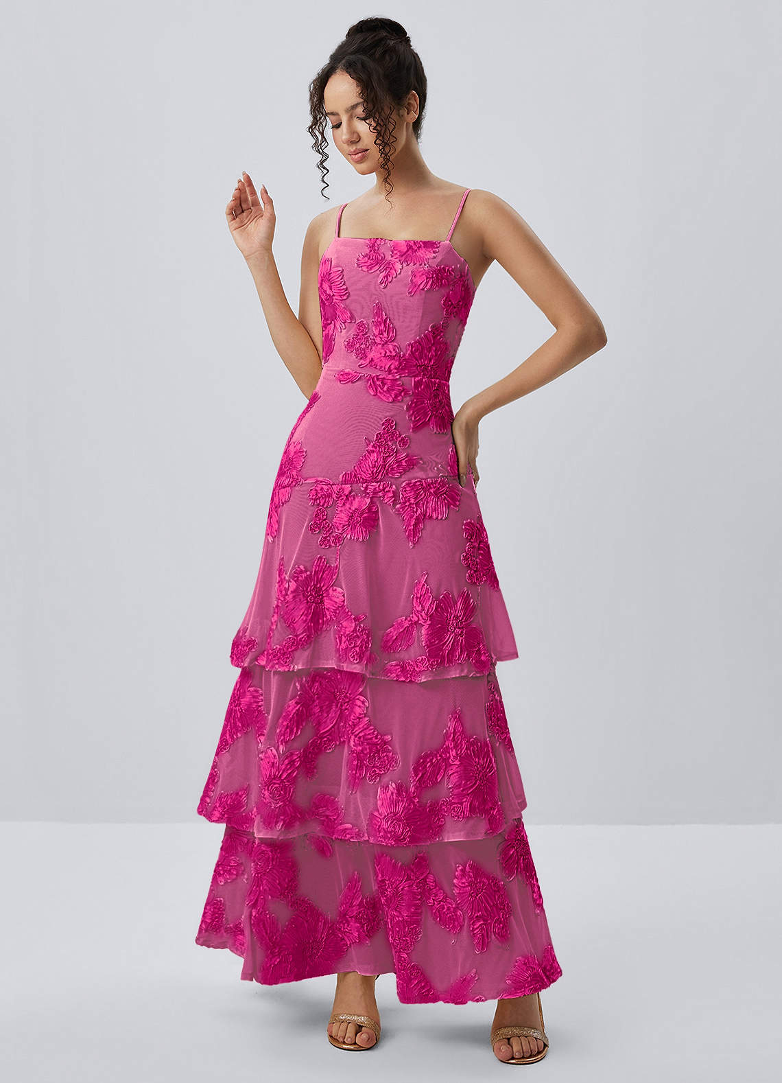 Araceli Fuchsia Stretch 3D Flowers Lace Maxi Dress | Azazie