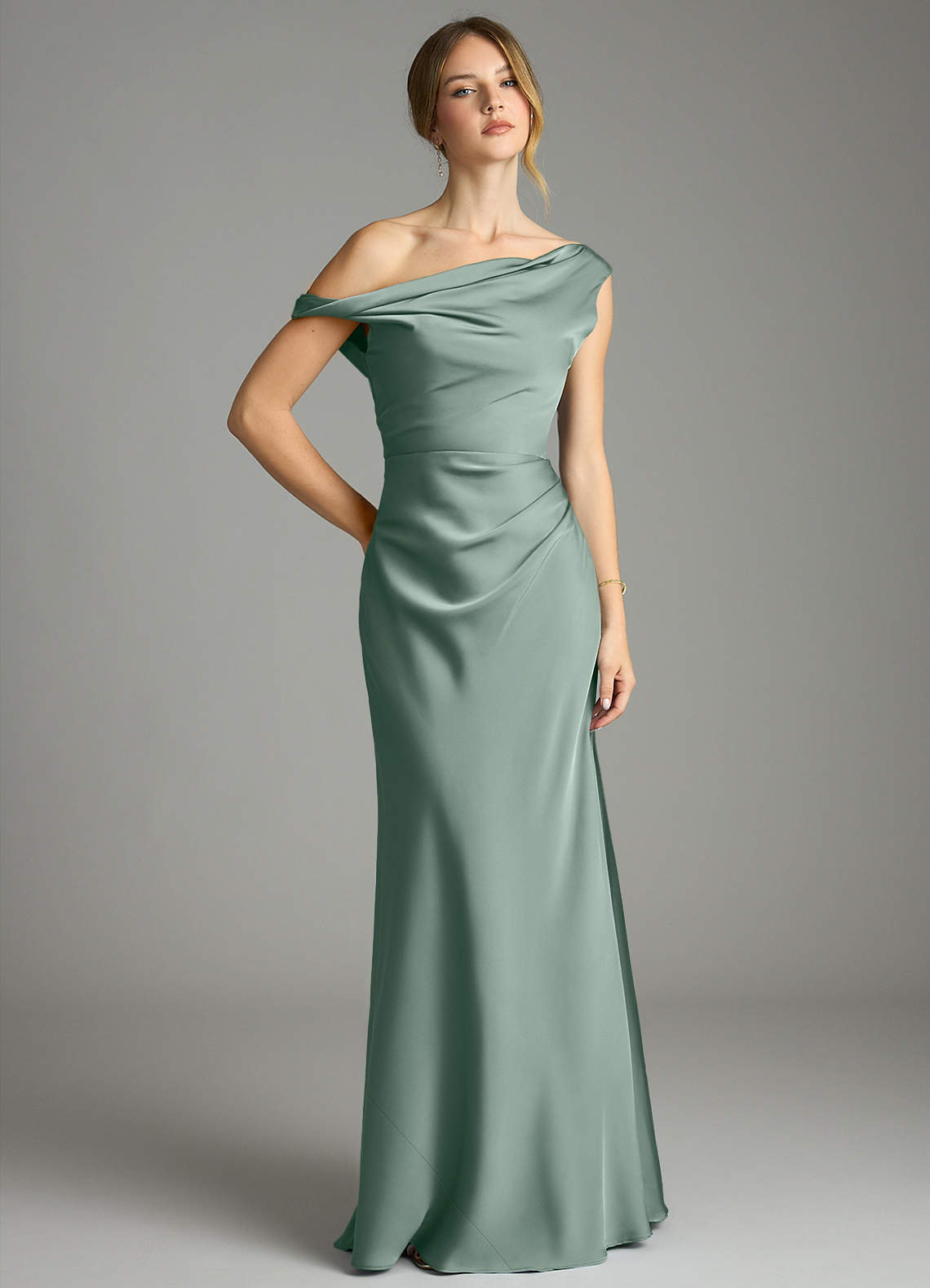 silver green bridesmaid dresses Sage Ruched Halter Keyhole Back Charmeuse Mermaid Bridesmaid Dress main image 0