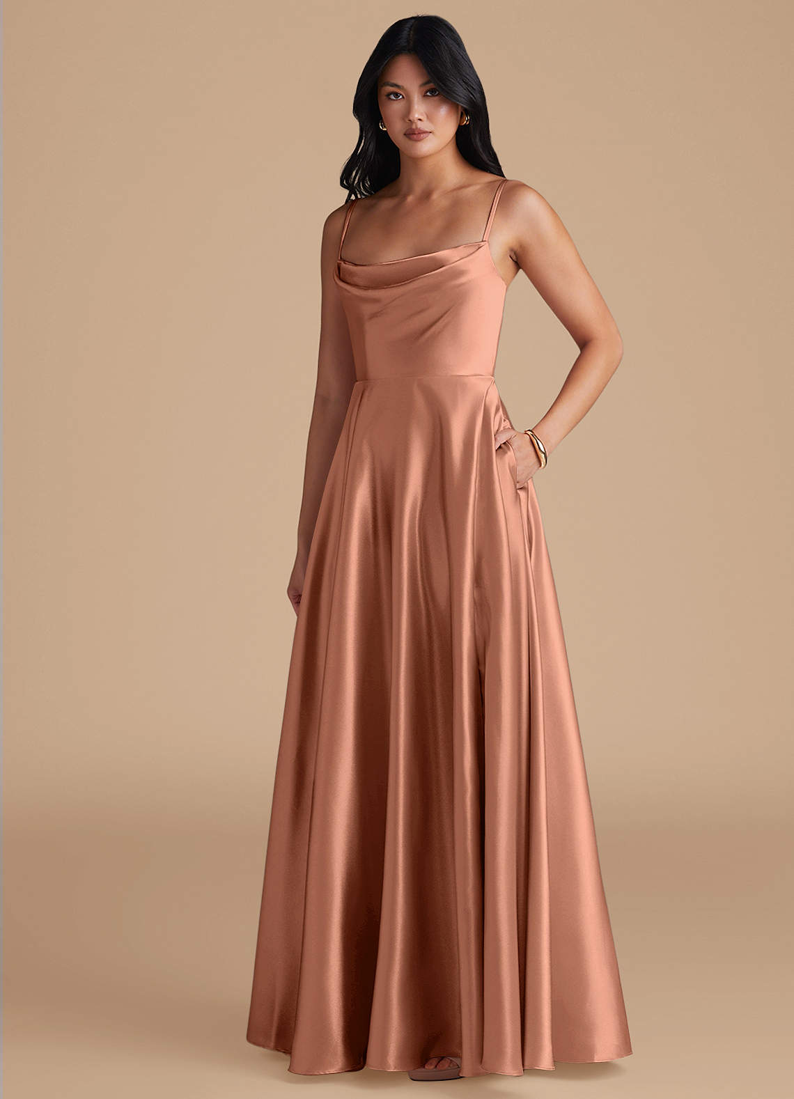 Azazie Elle Bridesmaid Dresses Bronzer A-Line with Pockets Metallic Satin Dress image1