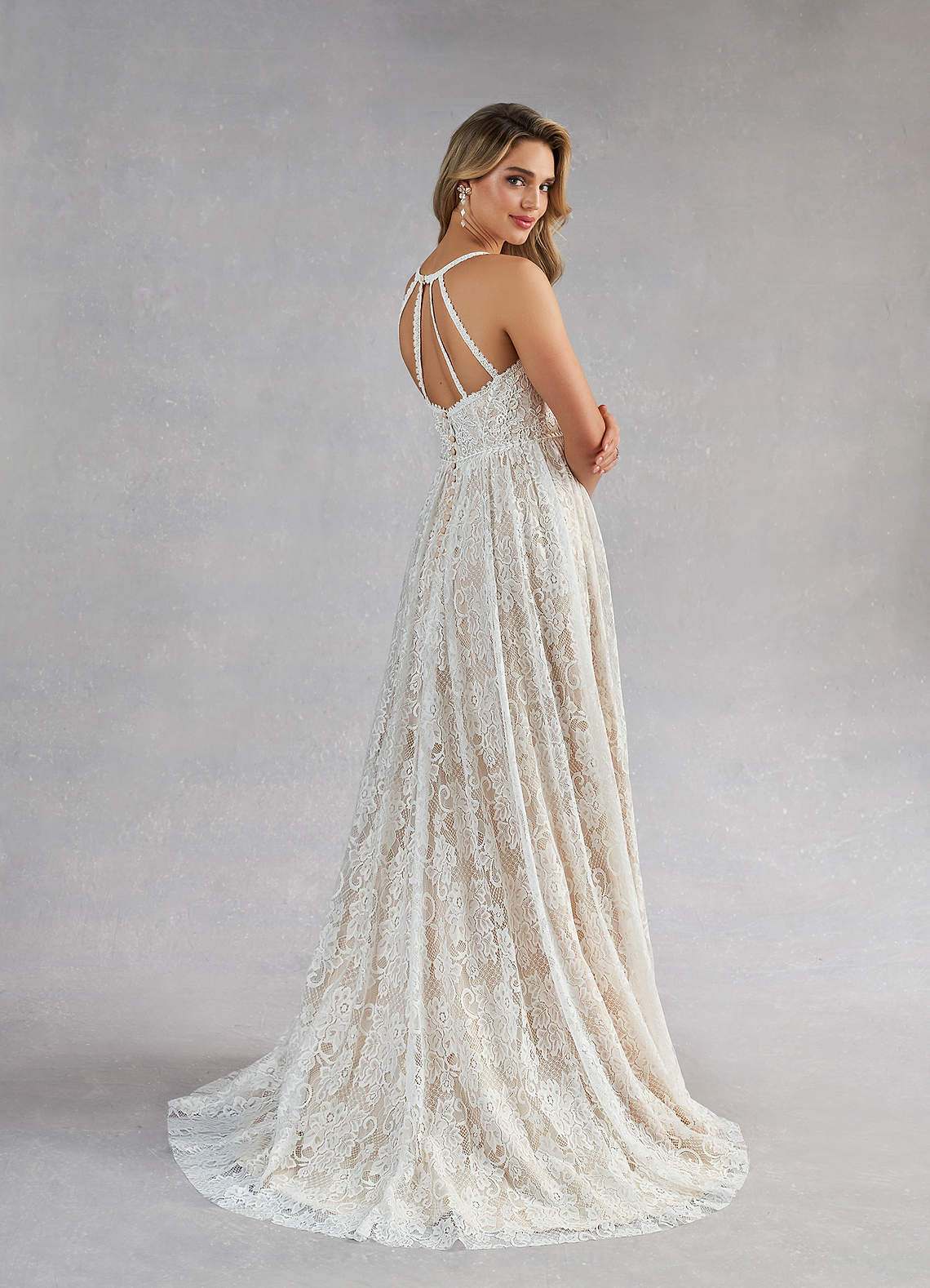 Azazie August At-home Try On Dresses Diamond White Nude A-Line Lace Dress image3