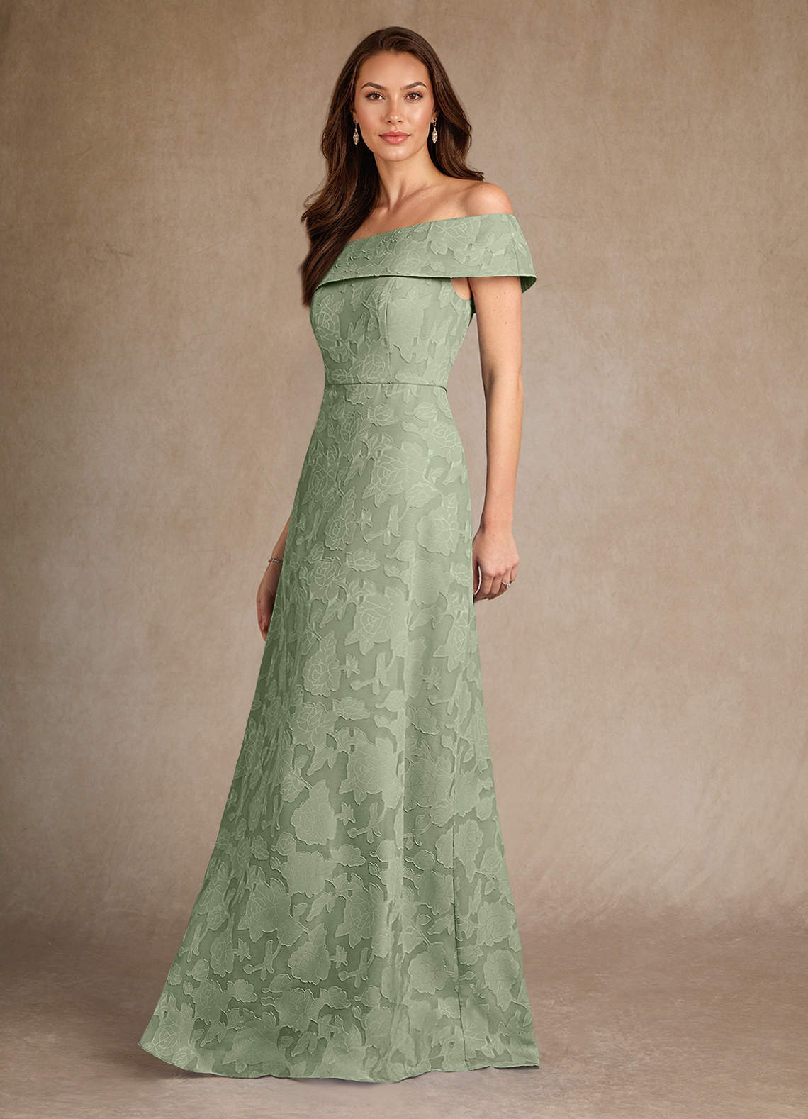 Azazie Medford Mother of the Bride Dresses Dusty Sage A-Line Off the Shoulder Floral Burnout Dress image1