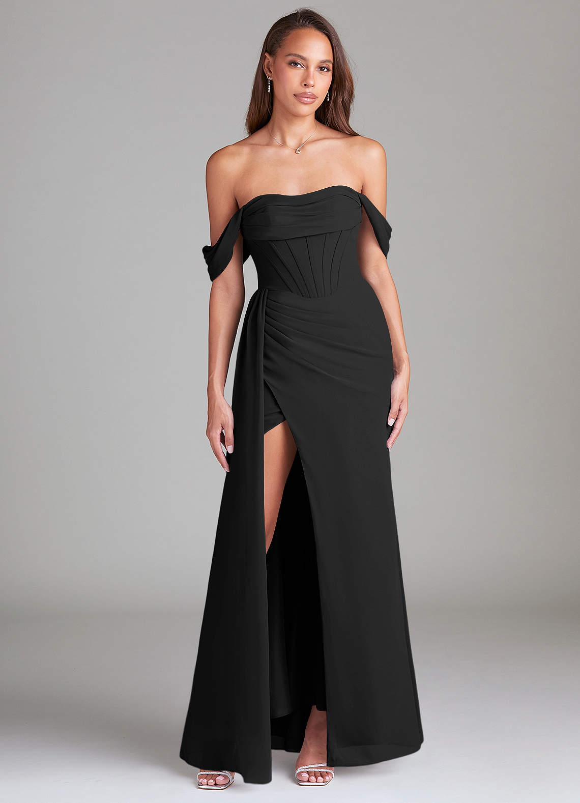 Azazie Amyra Bridesmaid Dresses Black Sheath Off the Shoulder Chiffon Convertible Dress image1