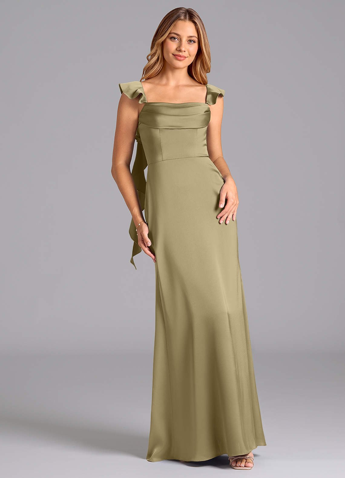 Azazie Adi Bridesmaid Dresses Moss Green A-Line Pleated Stretch Satin Dress image1