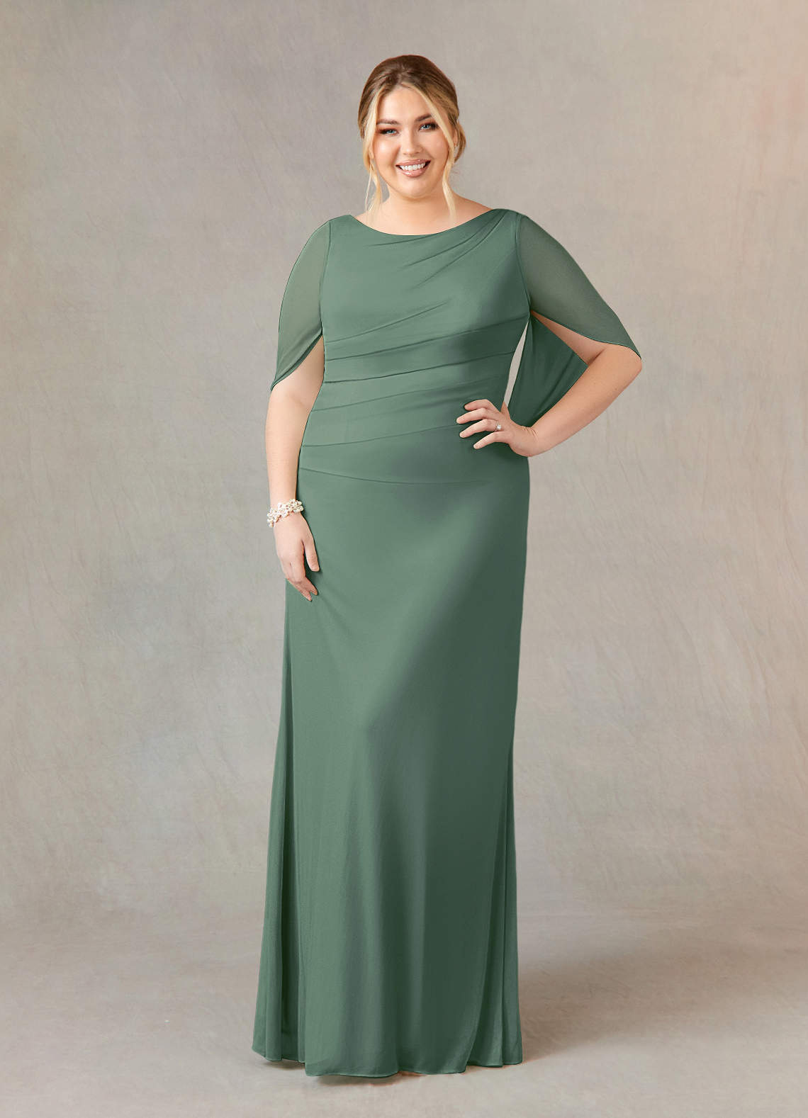 Azazie Belladonna Mother of the Bride Dresses Eucalyptus Mermaid Scoop Pleated Mesh Dress image1