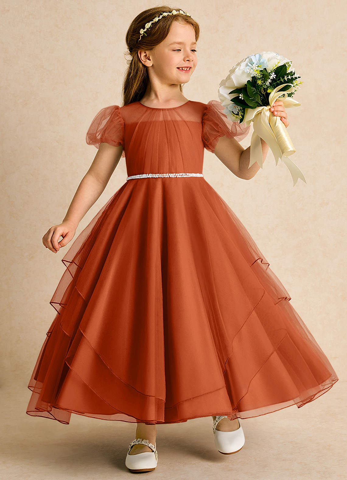 Azazie Duckie vestidos de niña de las flores Vestido de Naranja Quemada de Tul de Princesa con Plisado image1