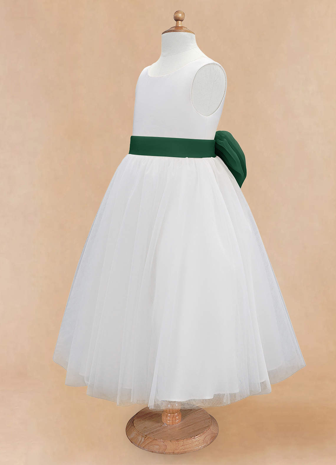 Azazie Kavi Flower Girl Dresses Ivory Dark Green A-Line Bow Matte Satin Dress image8