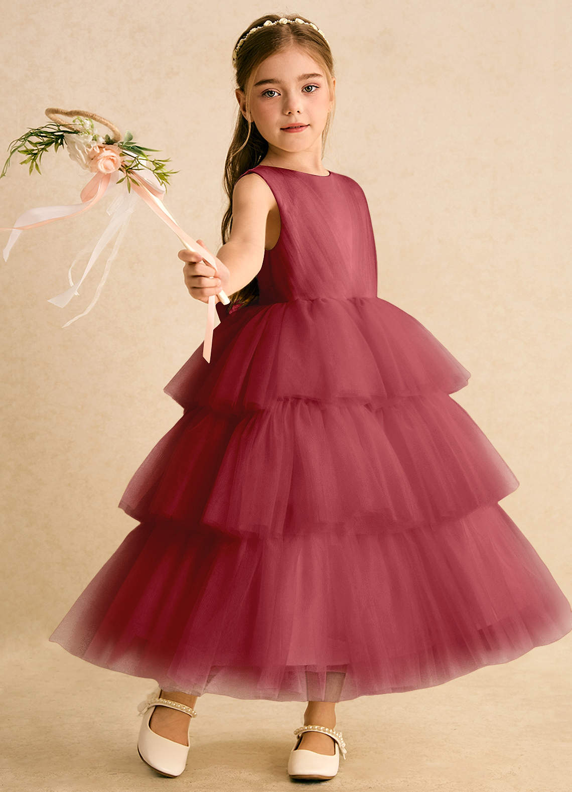 Azazie Marshmallow Flower Girl Dresses Pomegranate Ball-Gown Bow Tulle Dress image1