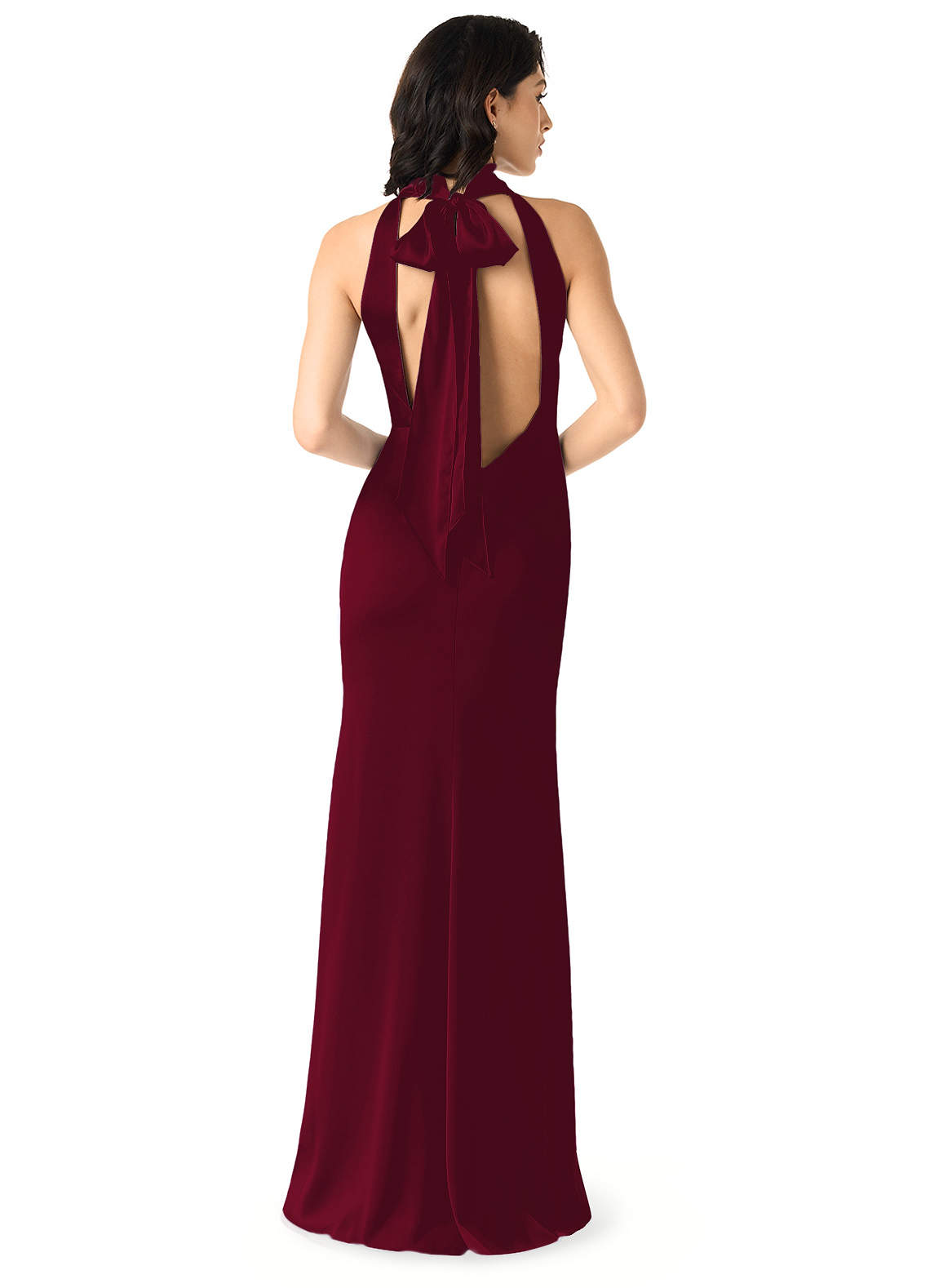 high neck burgundy bridesmaid dress Azazie x Delaney Chiffon dress