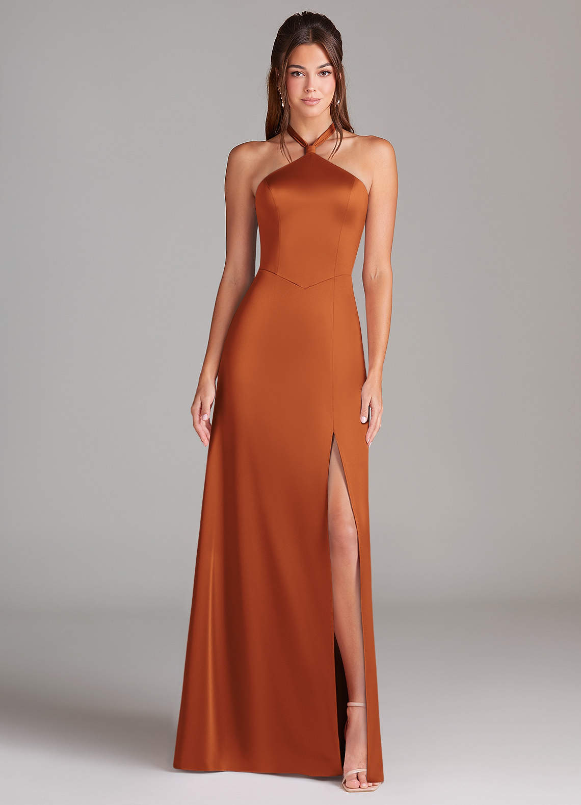Azazie A-Line Halter Neck Floor-Length Stretch Satin Bridesmaid Dresses - Cinnamon Azazie A-Line Halter Neck Floor-Length Stretch Satin Bridesmaid Dresses - Cinnamon