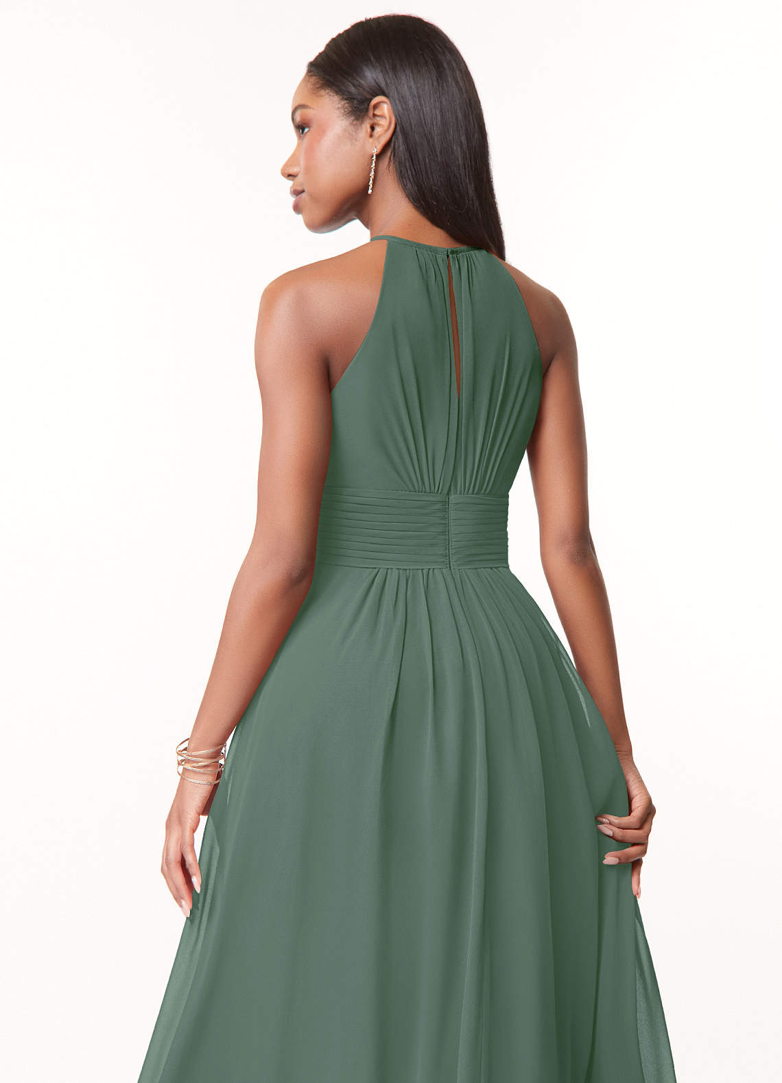 Azazie Bonnie Brautjungfernkleider A-Linie Schlüsselloch Gerüscht Chiffon Kleid Eukalyptus image3