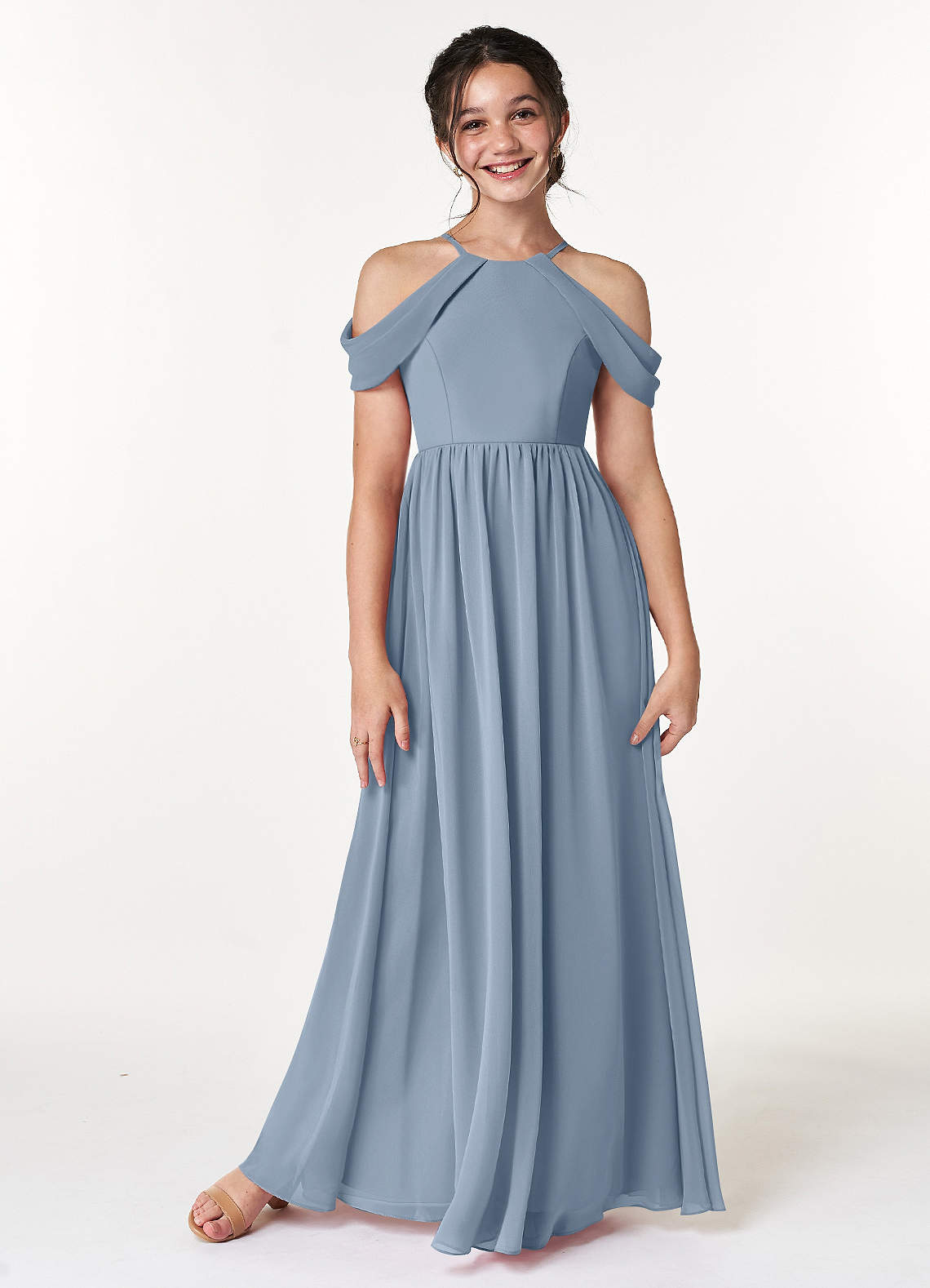 Azazie Seneca Junior Abito A-Line in Chiffon a Spalla Scoperta Blu Polveroso image1