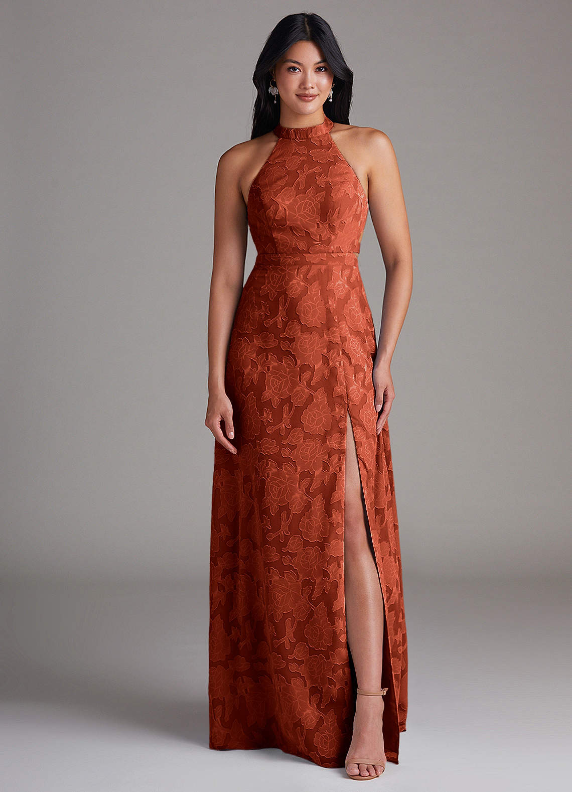 Azazie Clarice Bridesmaid Dresses Auburn A-Line Side Slit Floral Burnout Dress image3