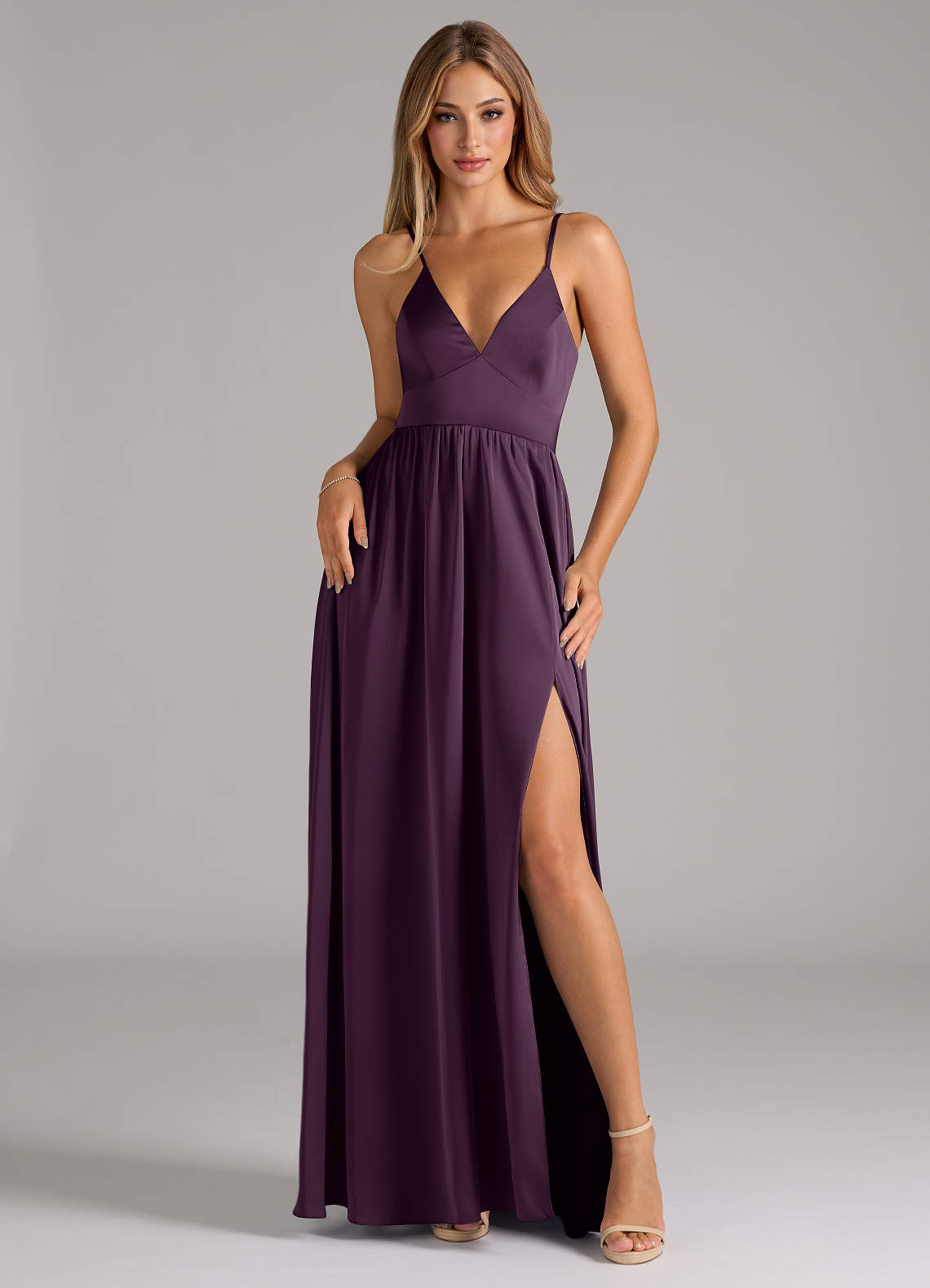 Azazie Aaida Bridesmaid Dresses Plum A-Line Corset Stretch Satin Dress image1