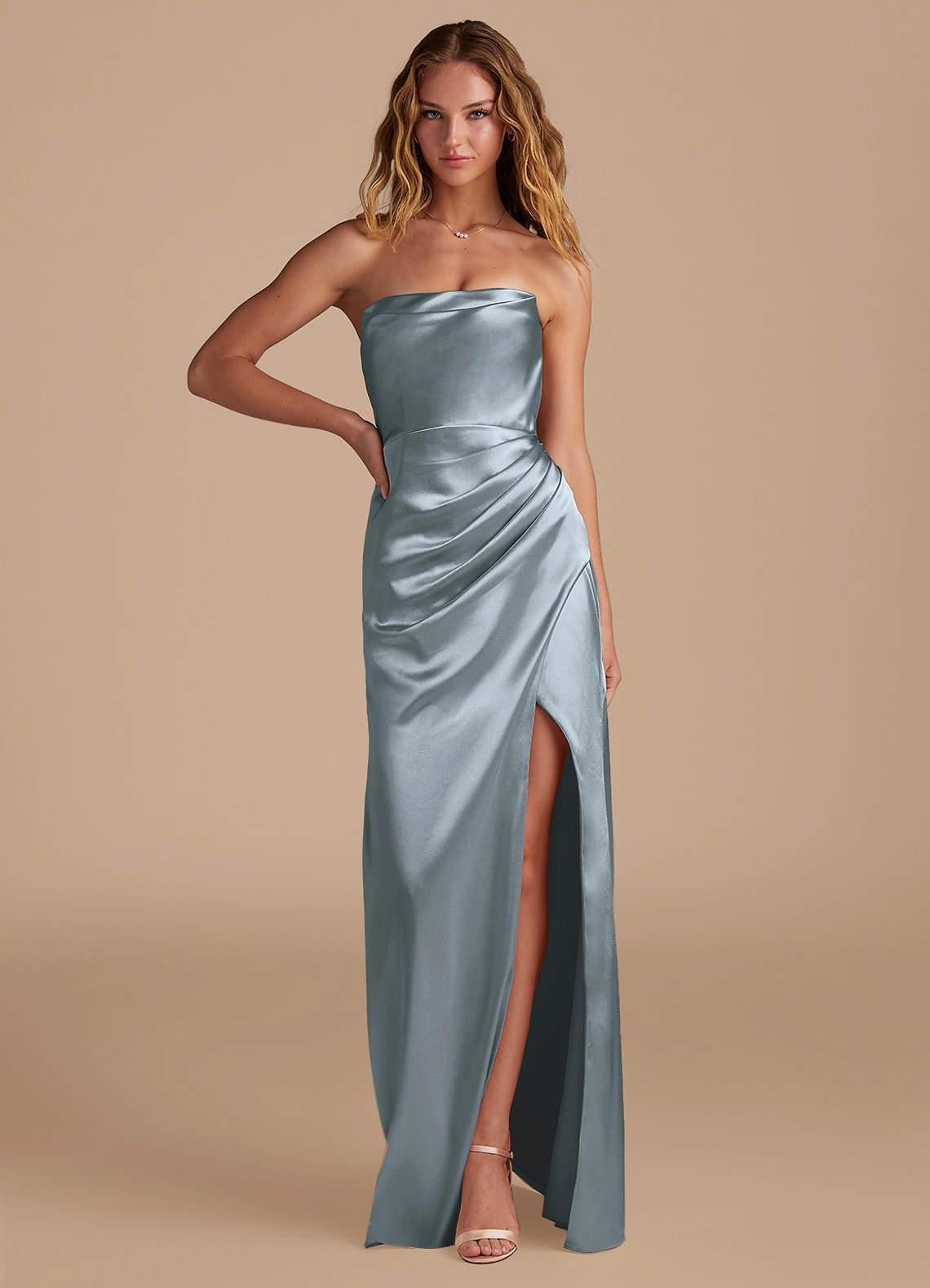Azazie Leonis Bridesmaid Dresses Dusty Blue Mermaid Pleated Metallic Satin Convertible Dress image1