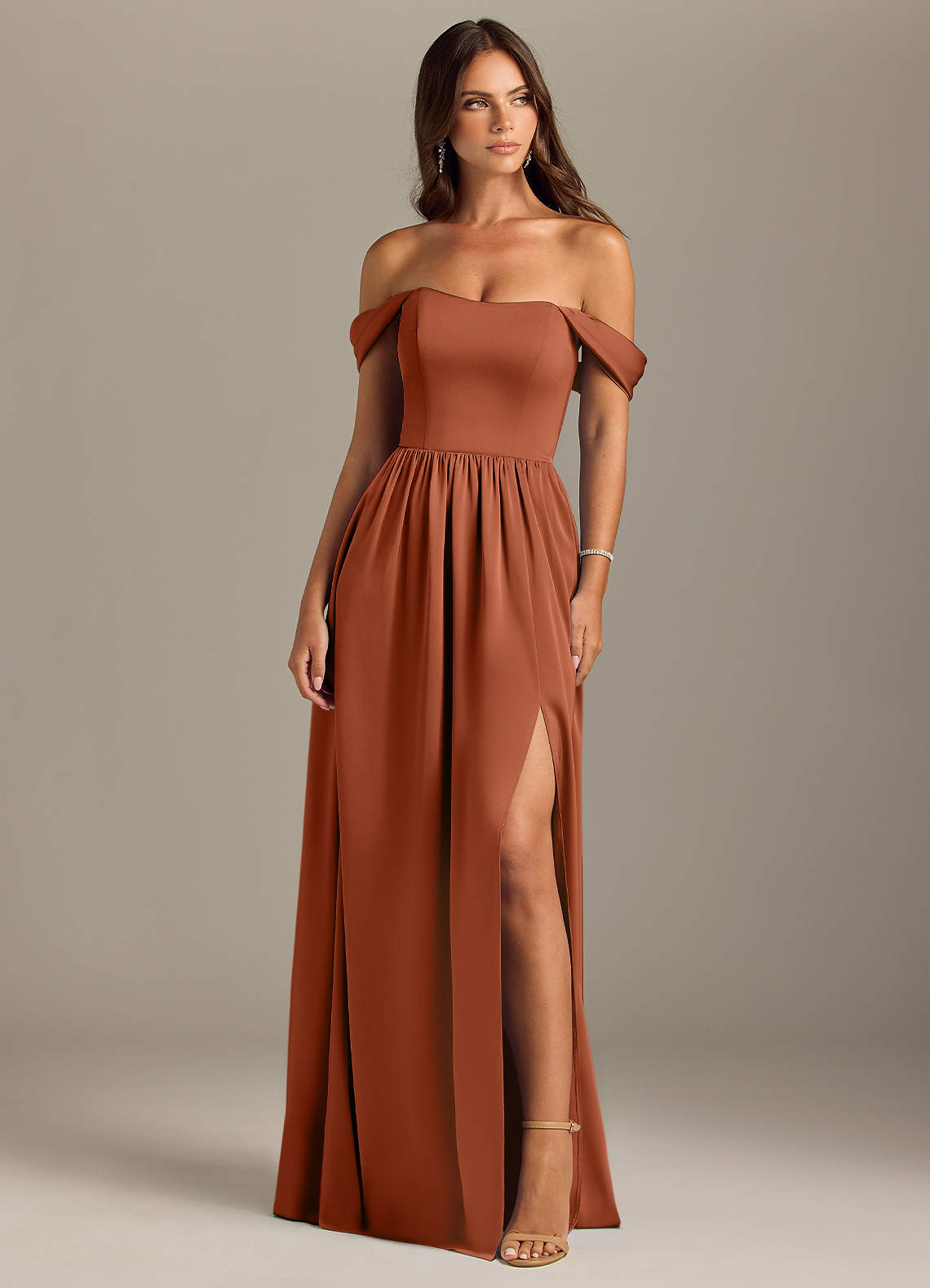 Azazie Calianna Bridesmaid Dresses Cedar Rose A-Line Off the Shoulder Stretch Satin Convertible Dress image1