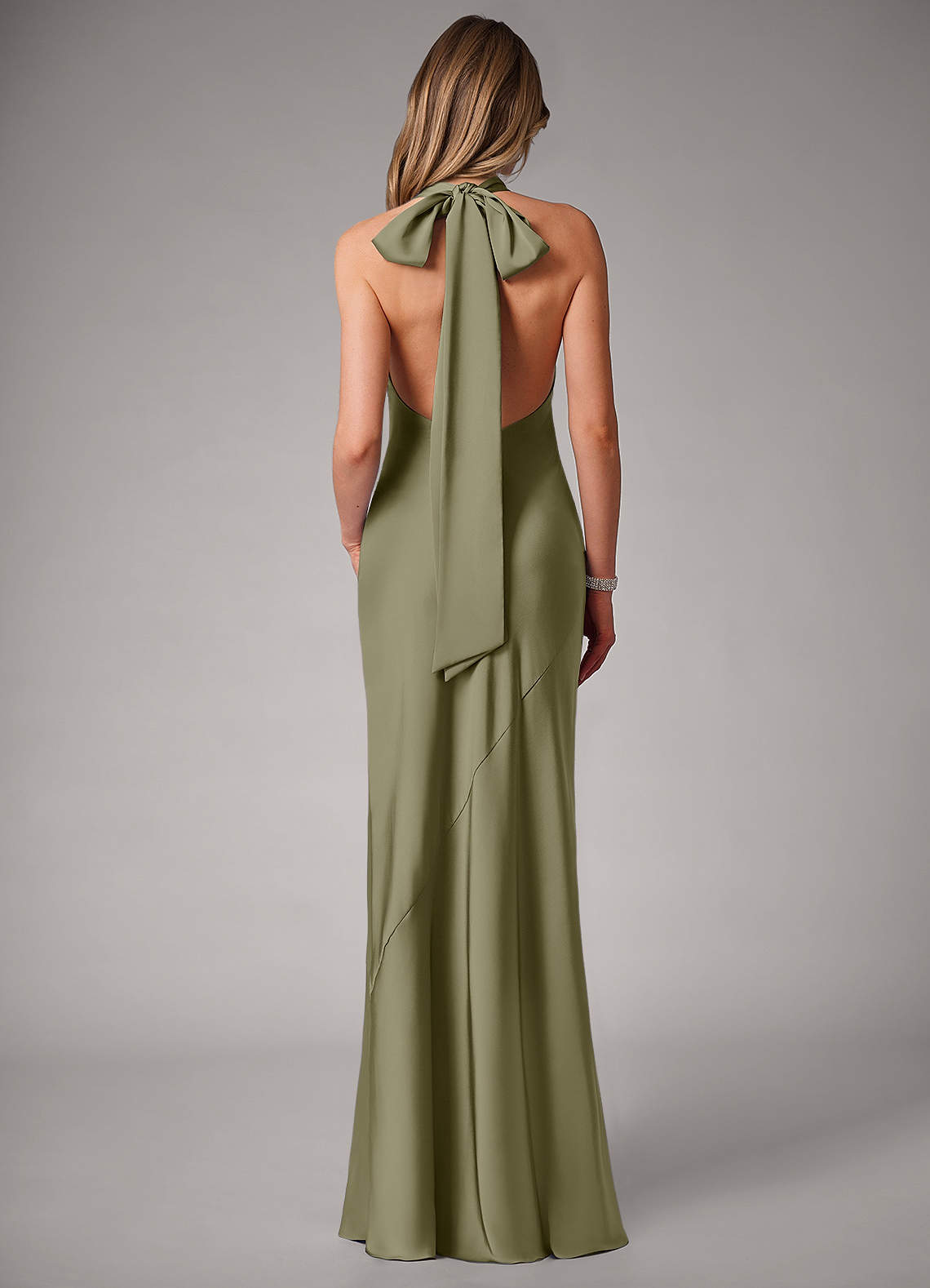 Azazie Velli Abiti da Damigella Abito Sirena in Raso Elasticizzato Collo Alto Pistacchio image4