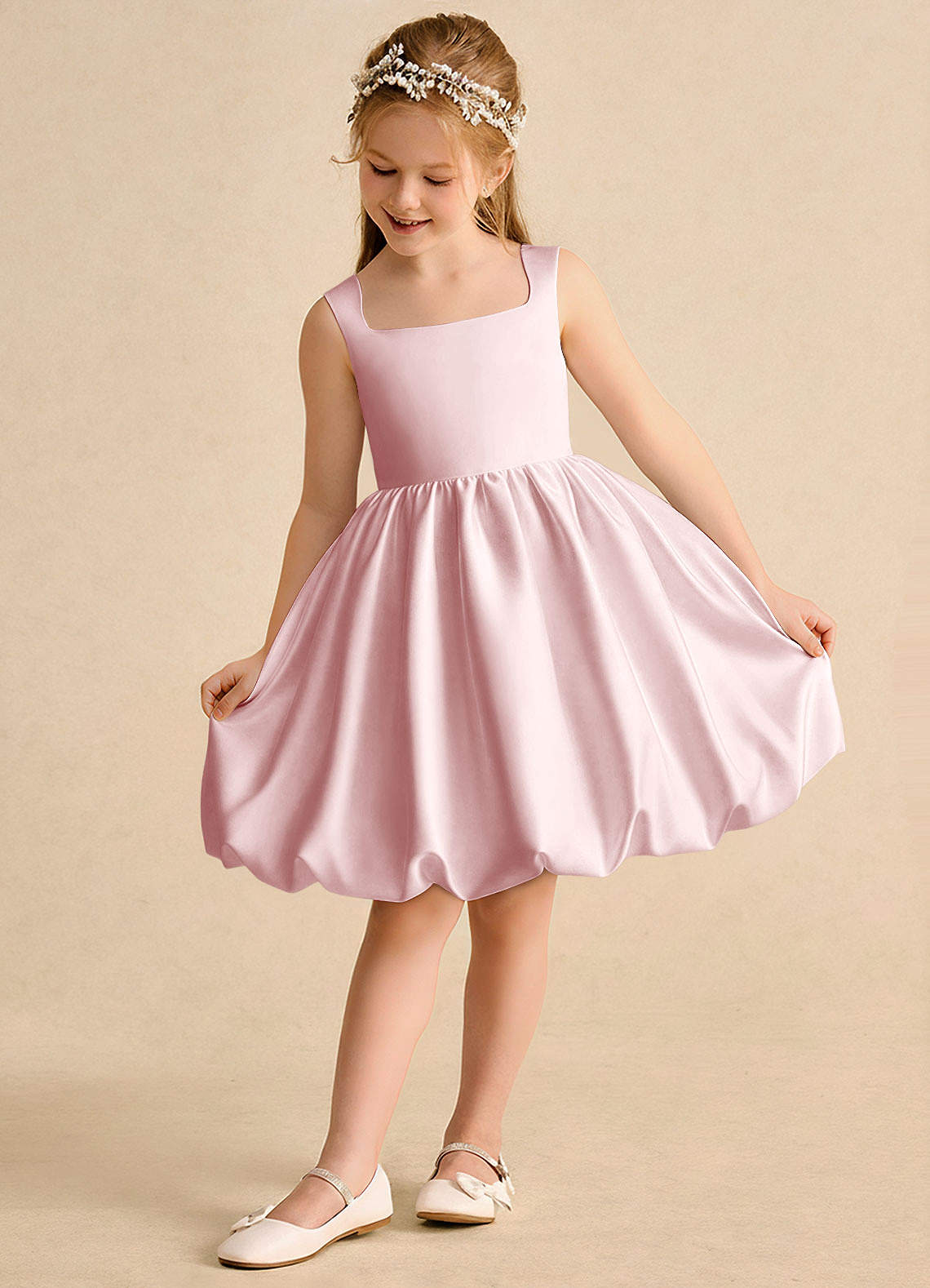 Azazie Nirvana Robe Demoiselle D'honneur Fillette Robe Princesse en Mat Satiné Rayé Rose Poudré image2