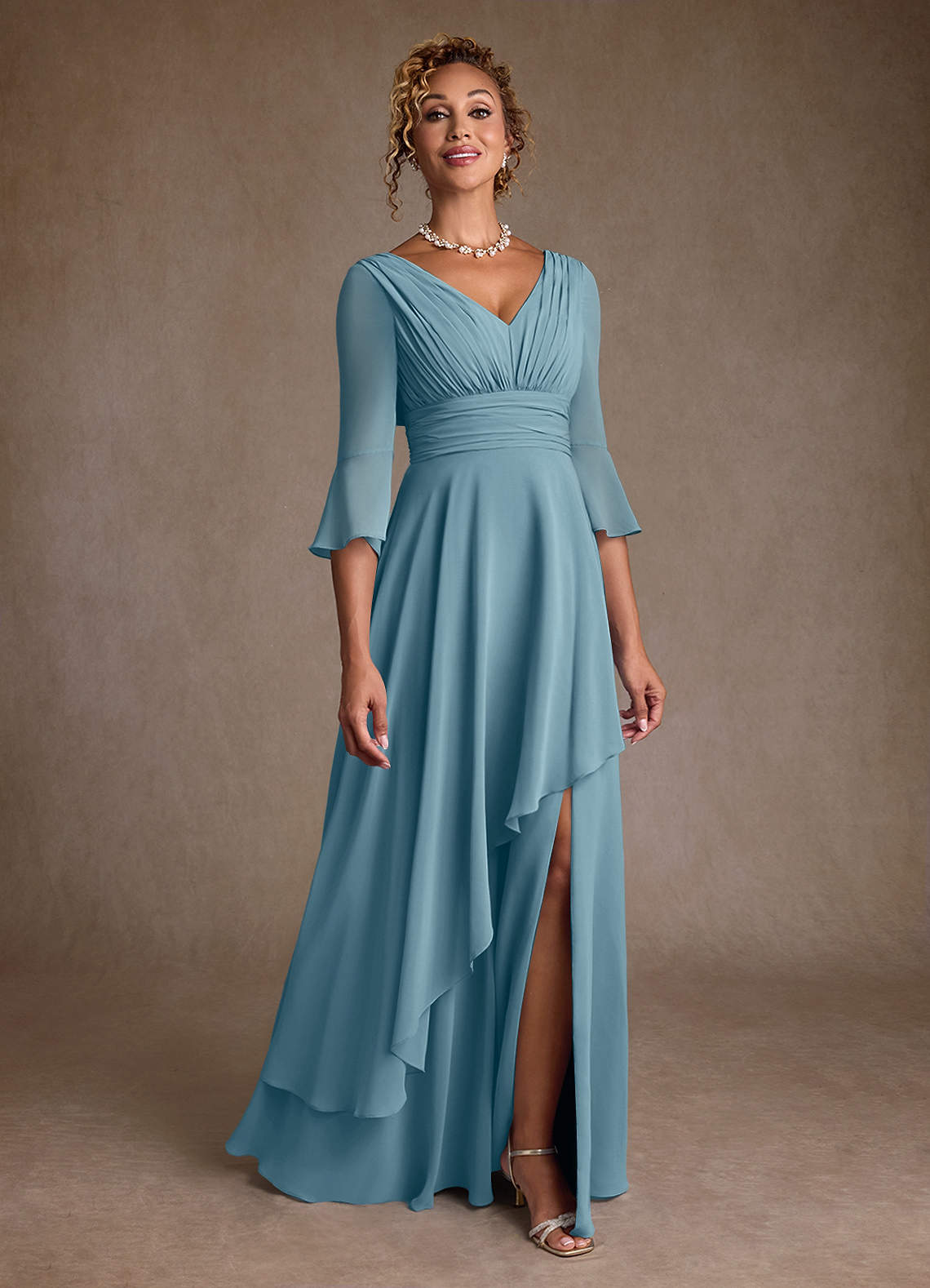 Azazie Eire Kleider für die Brautmutter A-Linie Plissee Chiffon Kleid Stimmungsvolles Blau image1