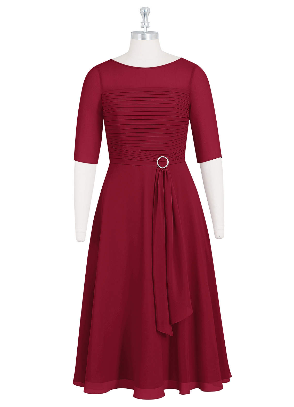Azazie Naomi At-home Try On Dresses Burgundy A-Line Boatneck Pleated Chiffon Dress image6