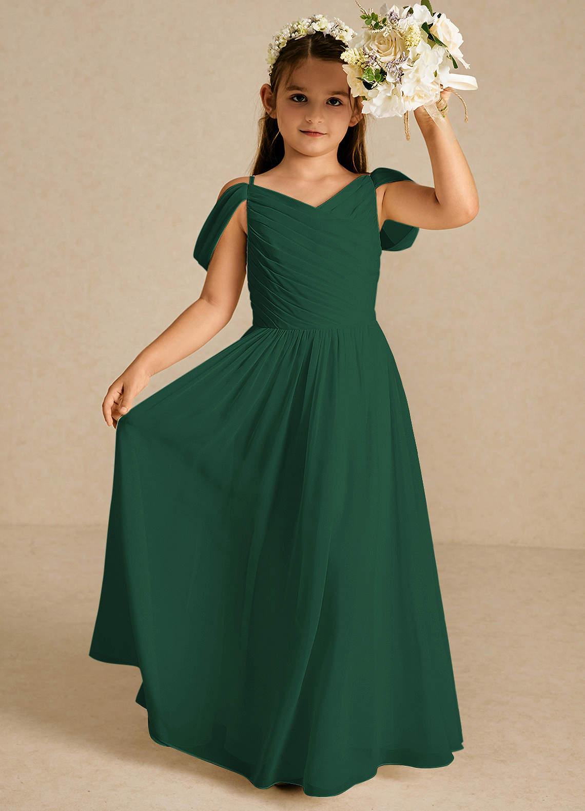Azazie Chelle vestidos de niña de las flores Vestido de Verde Oscuro de Gasa de Corte En A con Plisado image1