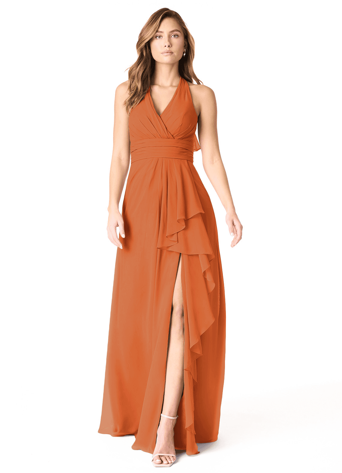 Azazie Aviv Robes de demoiselle d'honneur Robe Trapèze en Mousseline de soie Plissée Cannelle image1
