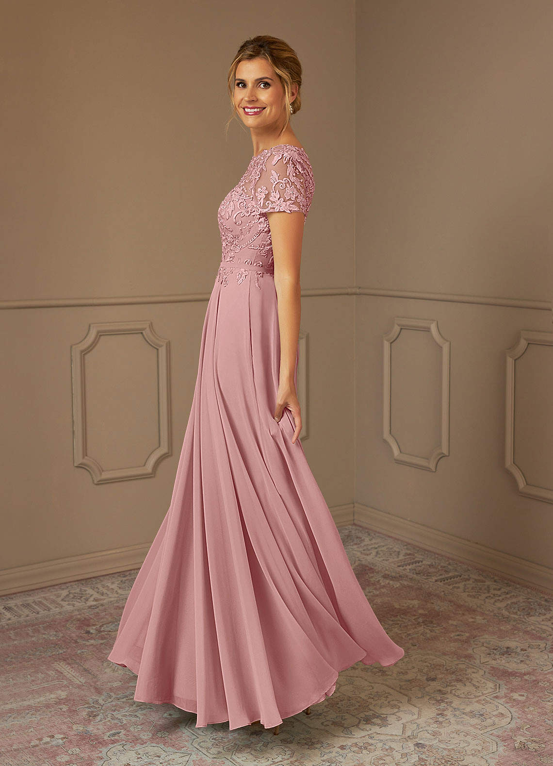 Azazie Adina Dusty Rose A-Line Boatneck Sequins Chiffon Dress