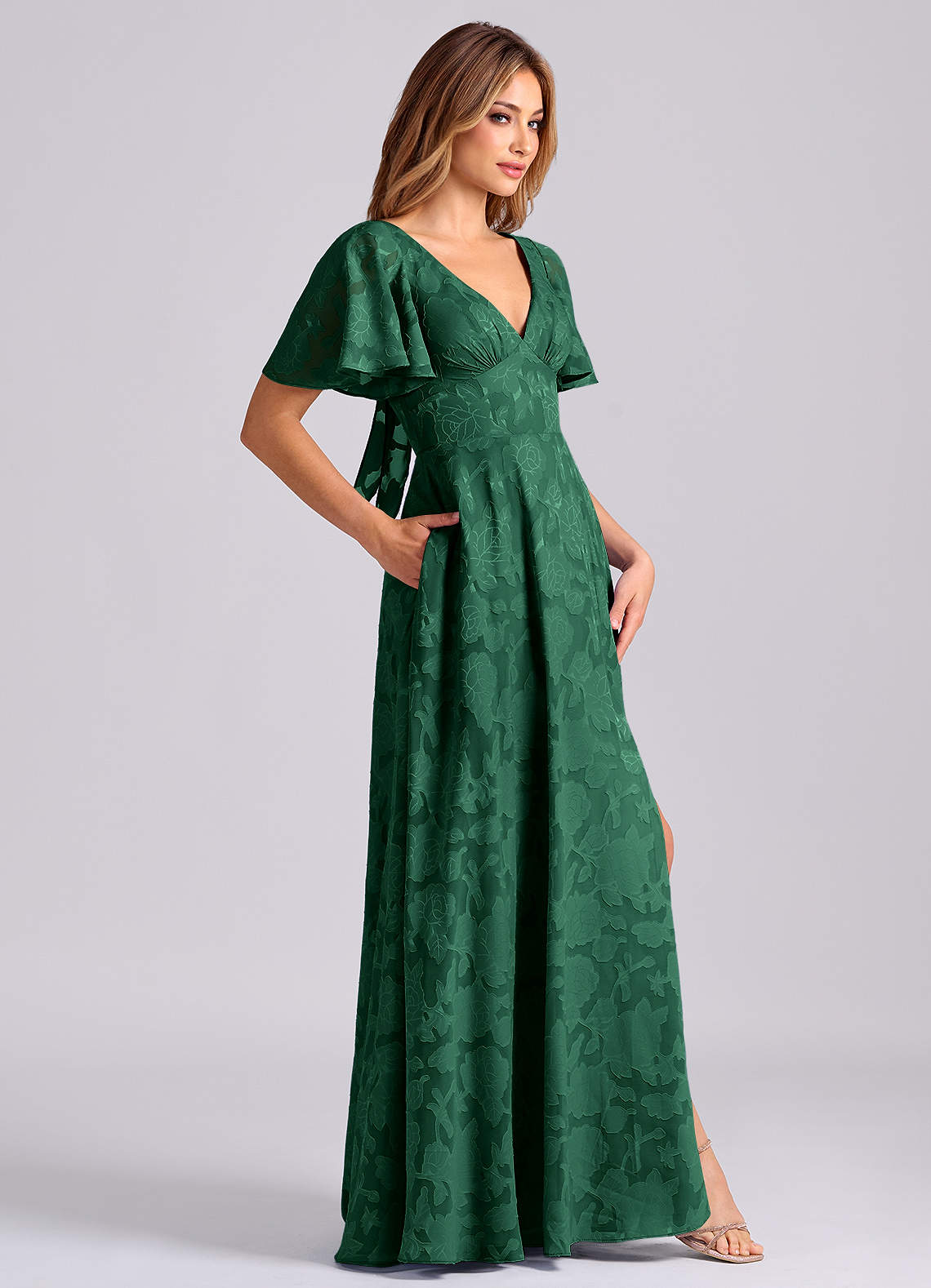 Azazie A-Line V-Neck Floor-Length Floral Burnout Bridesmaid Dresses - Dark Green Azazie A-Line V-Neck Floor-Length Floral Burnout Bridesmaid Dresses - Dark Green