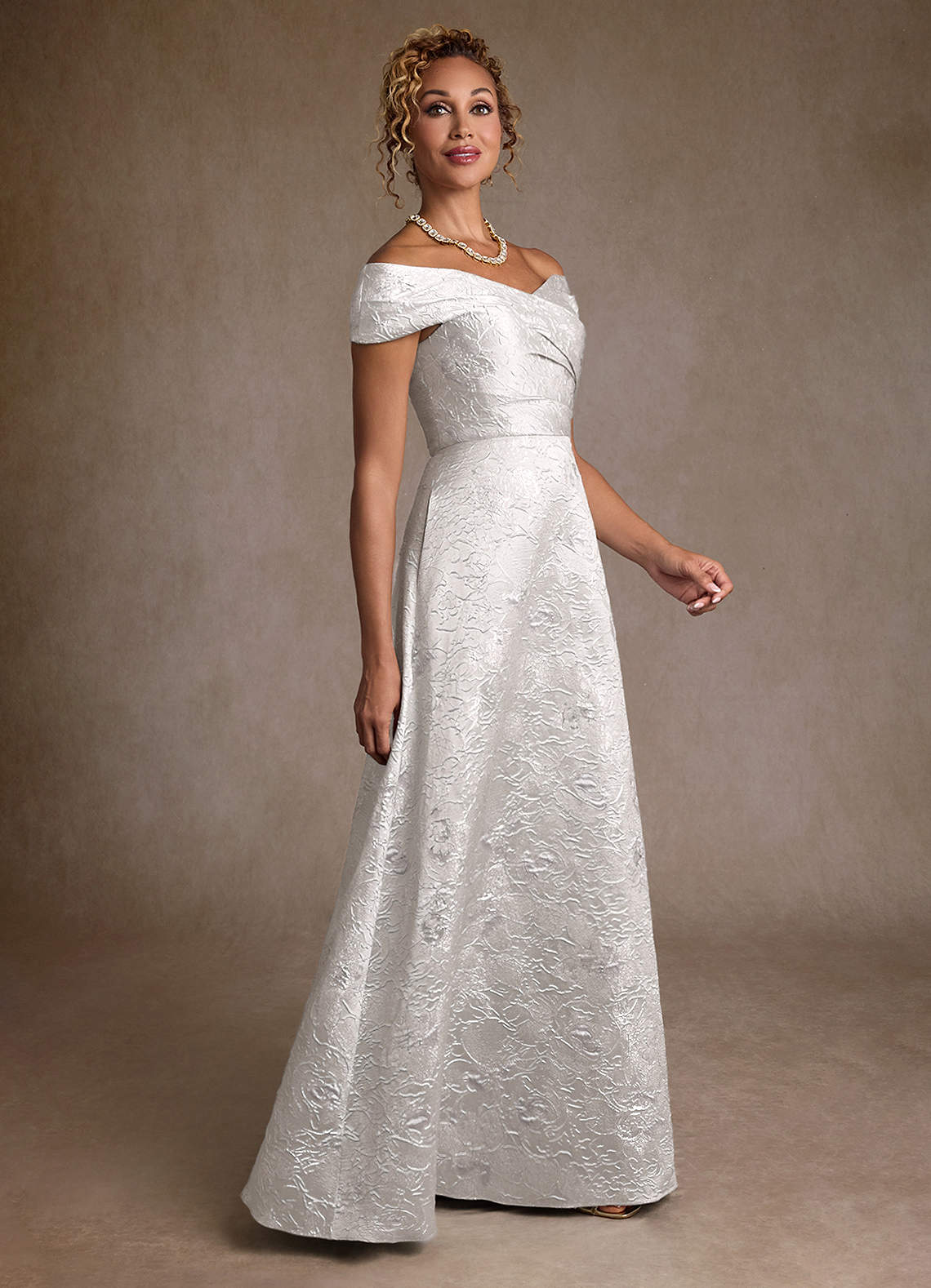 Azazie Lacey Silver Jacquard A-Line Off the Shoulder Floral