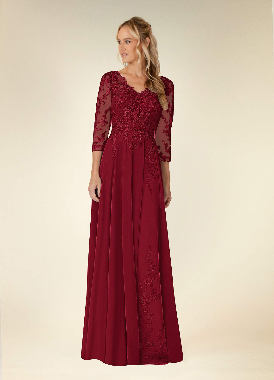 Azazie Noella Burgundy A-Line V-Neck Lace Chiffon Dress | Azazie DE