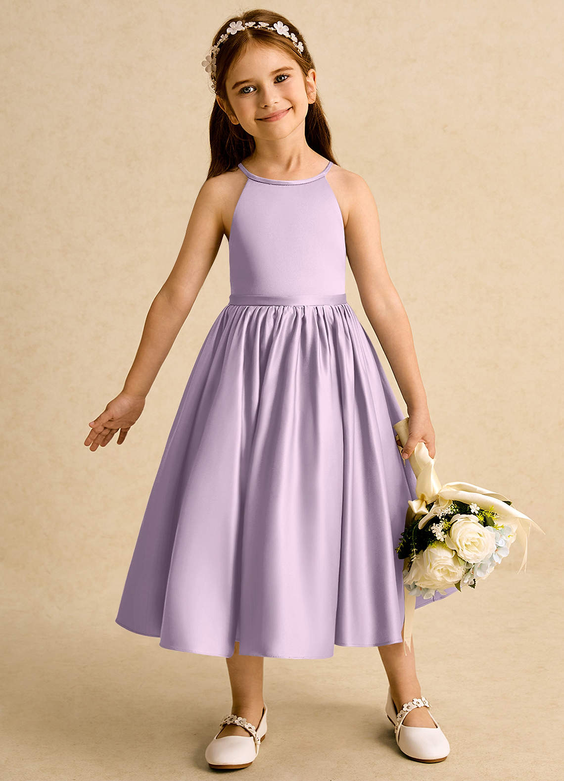 Azazie Indi Flower Girl Dresses Frosted Lilac A-Line Bow Matte Satin Dress image1