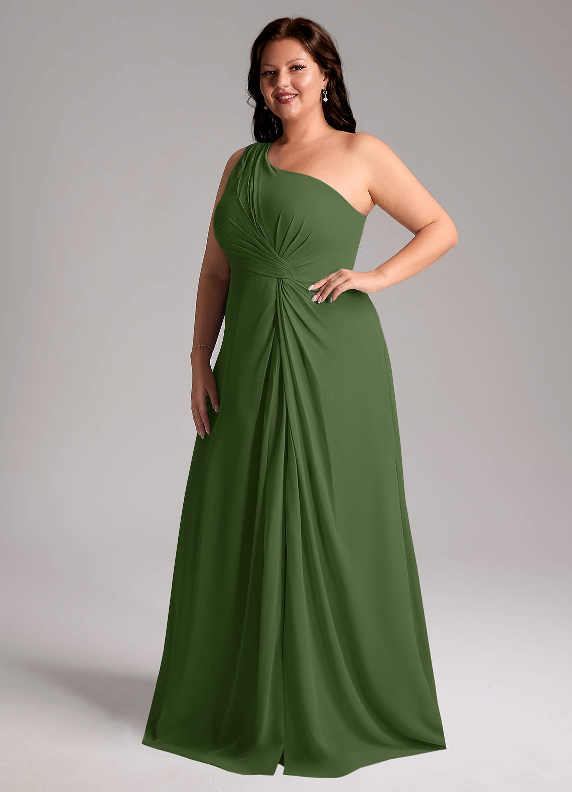 Azazie Brooke Bridesmaid Dresses Olive A-Line One Shoulder Chiffon Dress image11