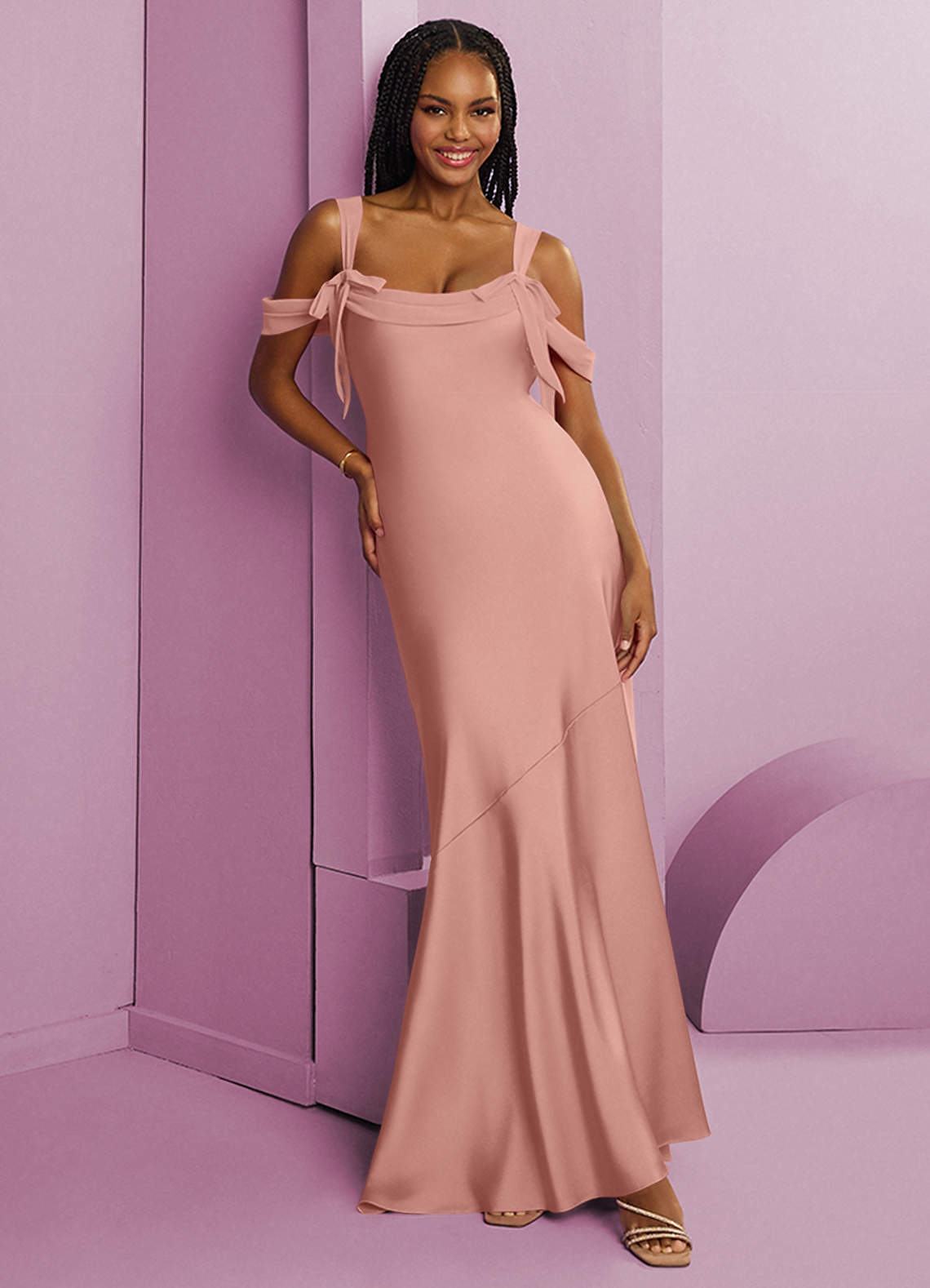 Barbie ♥ Azazie Bridesmaid Dresses Rosette Sheath Pleated Stretch Satin Dress image1