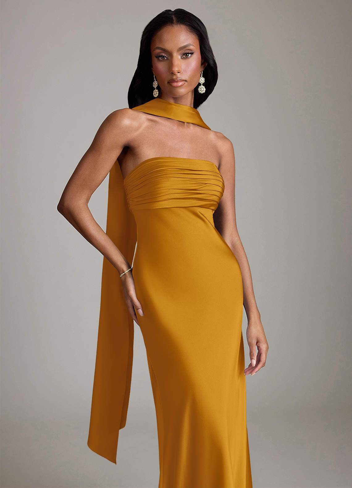 Azazie Saylor Butterscotch Stretch Satin Bridesmaid Dresses | Azazie CA