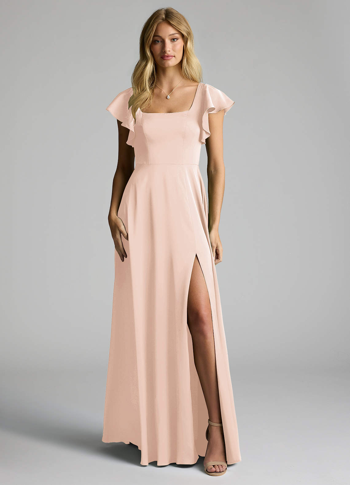 Azazie Bondi Vestidos de madrinha de casamento Vestir Rosa Corado de Cetim elástico de Linha A com Arco image4