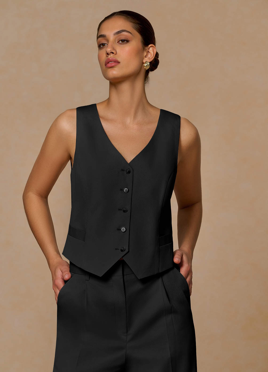 front Margaret Black Cotton Linen Blend Vest