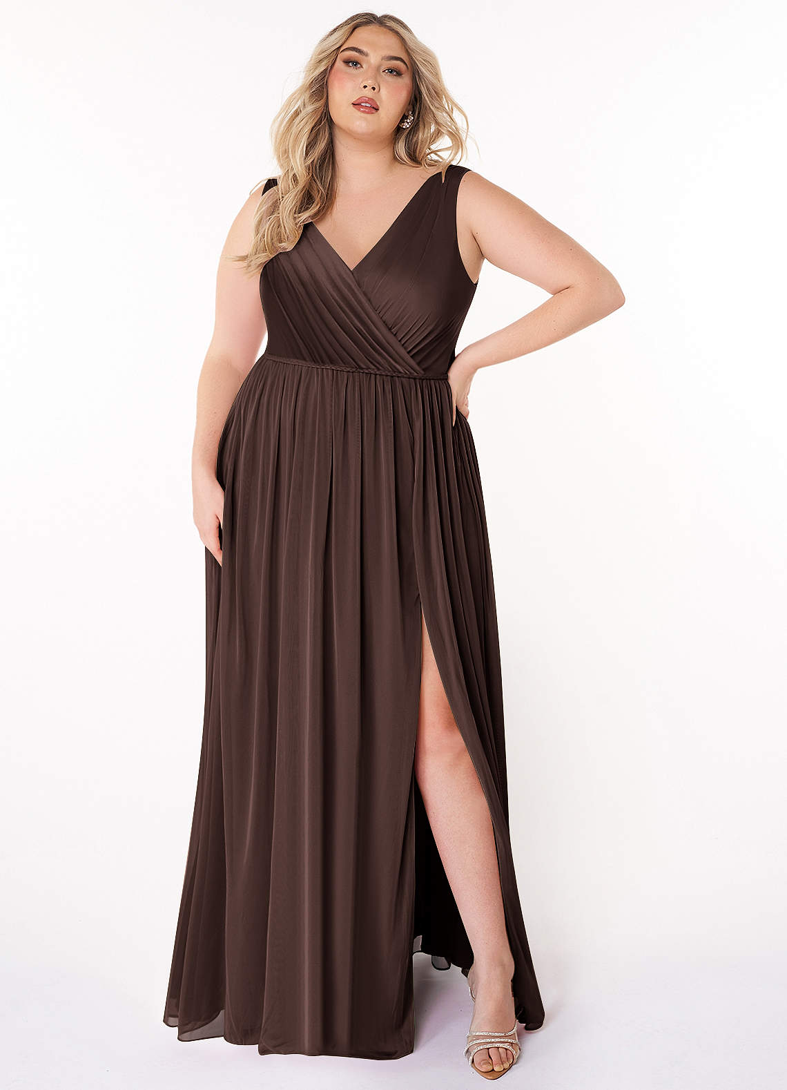 Azazie Tanicia Bridesmaid Dresses Ganache A-Line V-Neck Pleated Mesh Dress image1