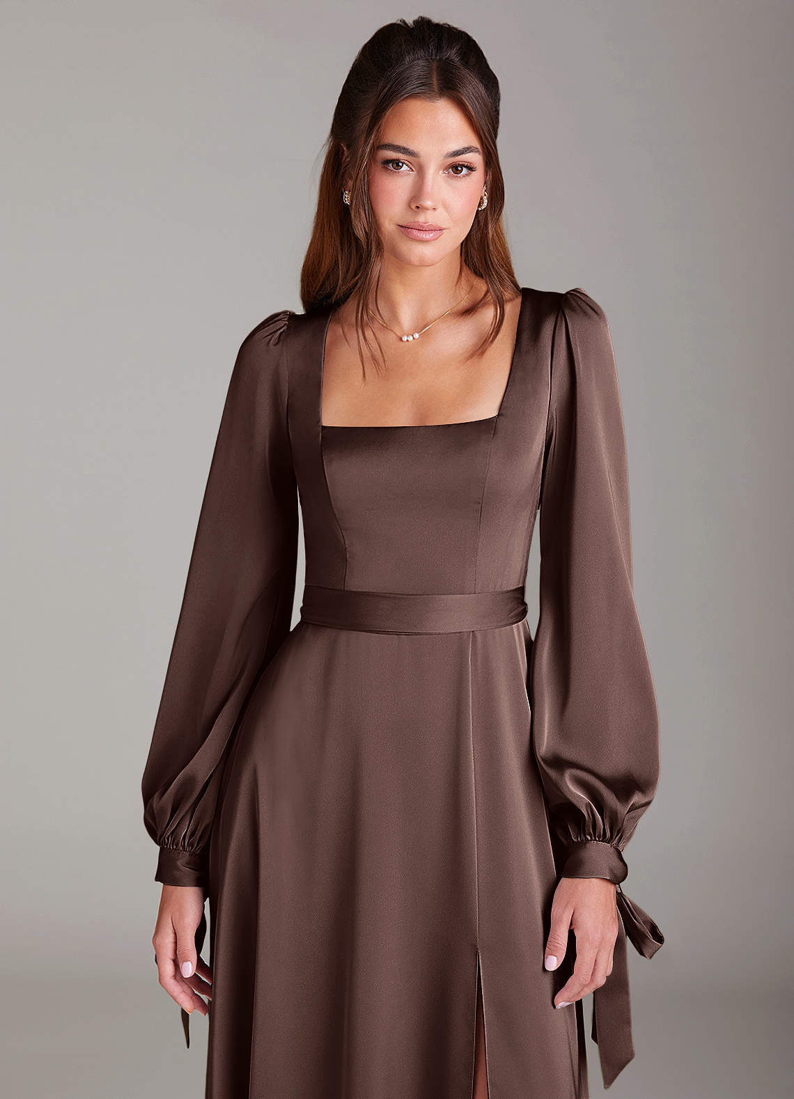 Azazie Leonia Bridesmaid Dresses Ganache A-Line Long Sleeve Stretch Satin Dress image5