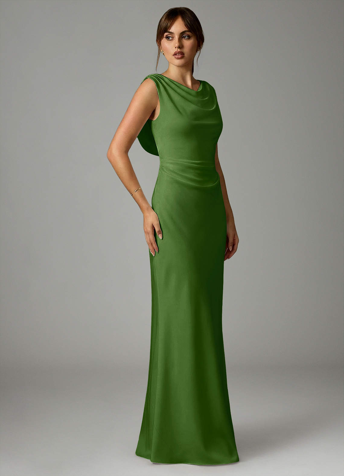 Azazie Kieryn Vestidos de damas de honor Vestido de Albahaca de Satén Elástico de Corte Sirena con Plisado image3