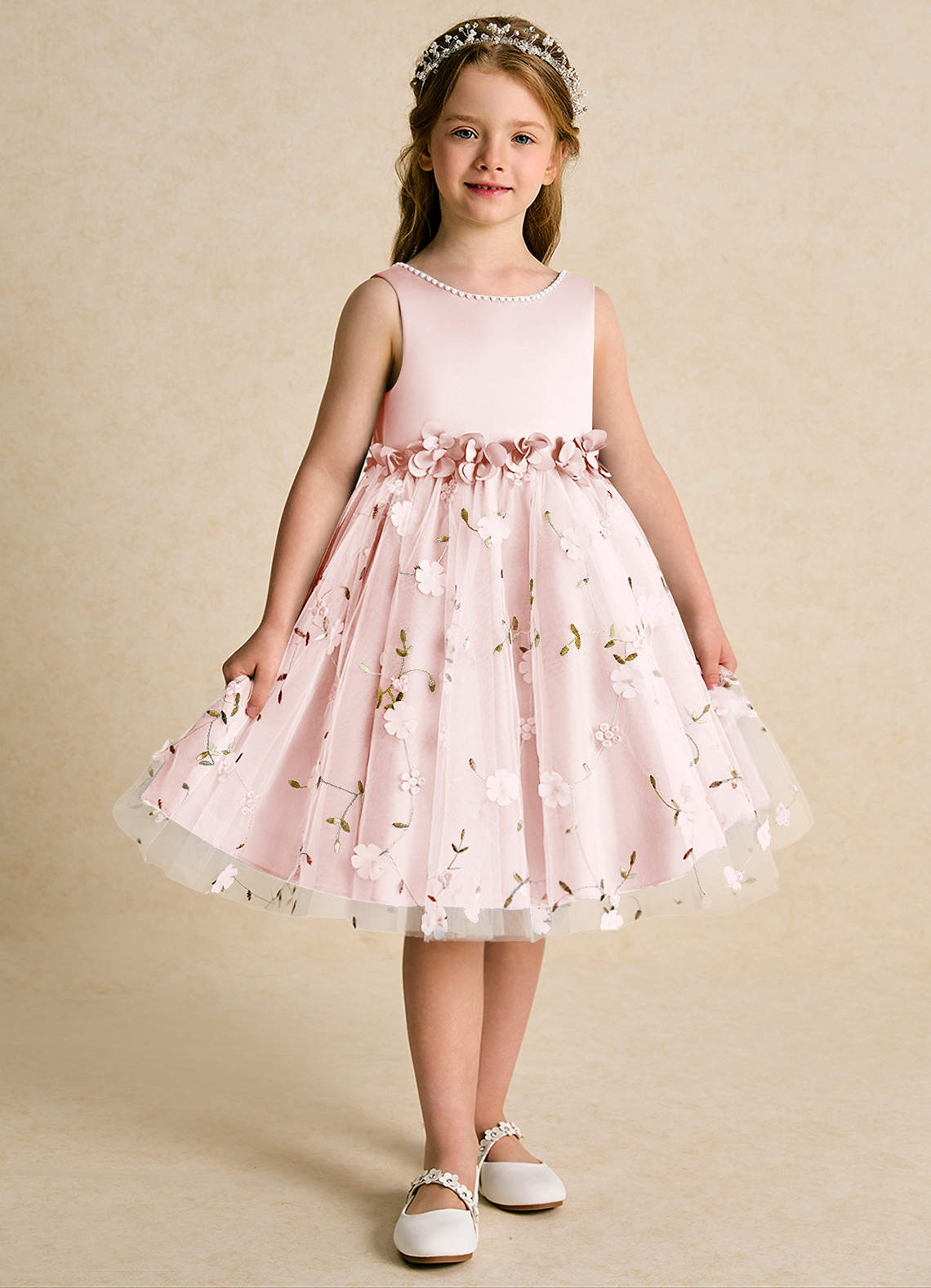 Azazie Starri Flower Girl Dresses Blushing Pink Ball-Gown Beaded Matte Satin Dress image6