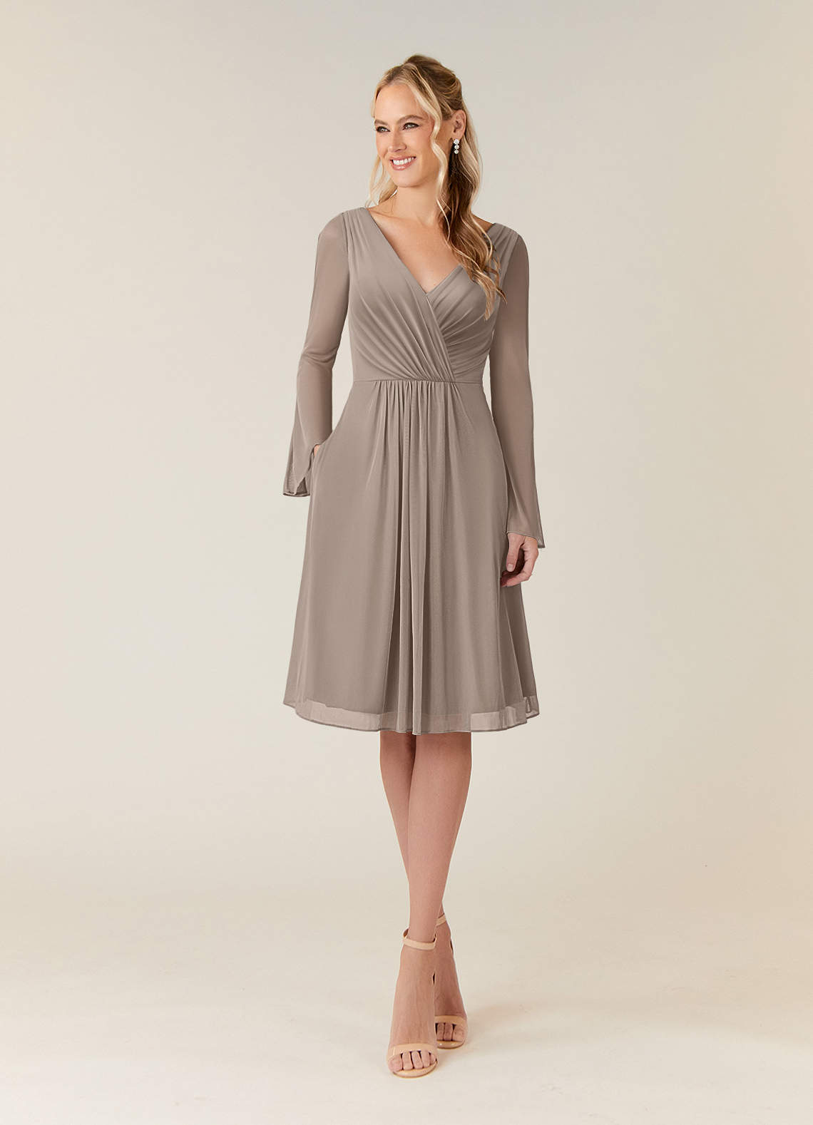 Azazie Teraso Mother of the Bride Dresses Taupe A-Line Pleated Mesh Dress image1