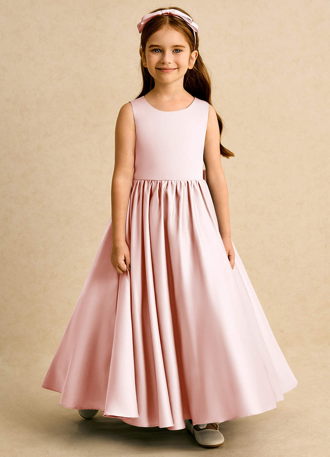 Azazie Nellia Flower Girl Dresses Blushing Pink A-Line Bow Matte Satin Dress image4