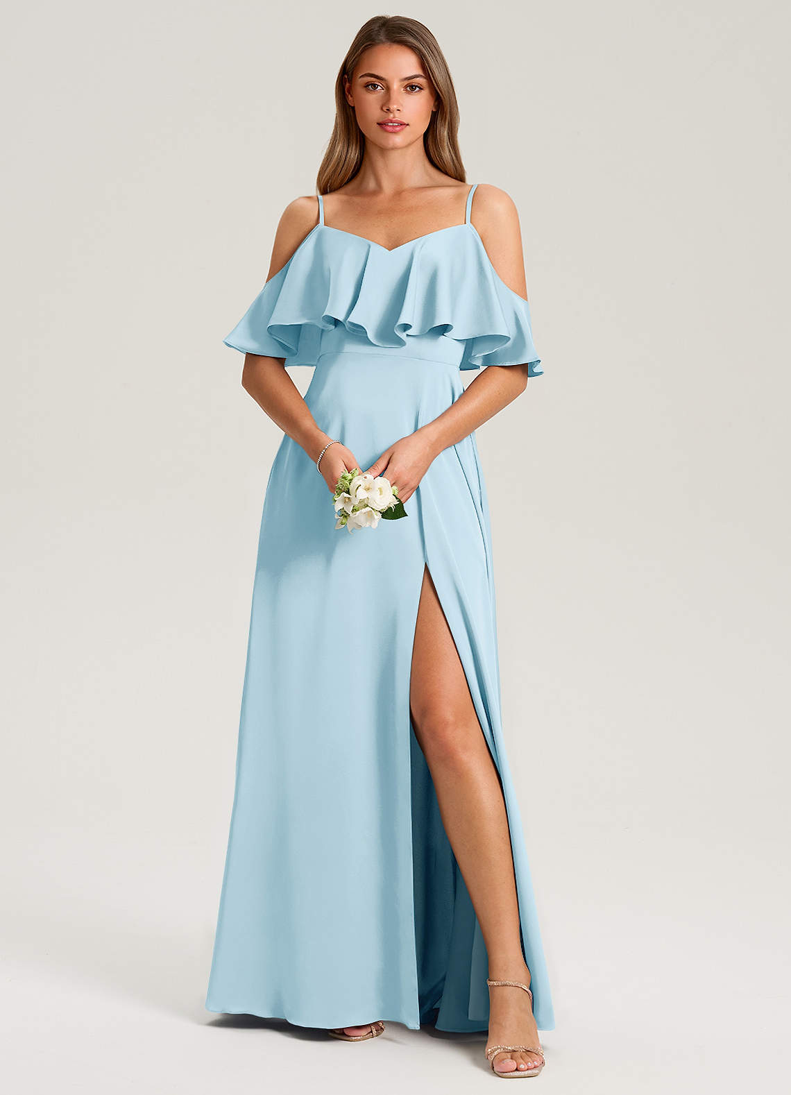 Azazie Jean Bridesmaid Dresses Sky Blue A-Line Off the Shoulder Stretch Satin Dress image1